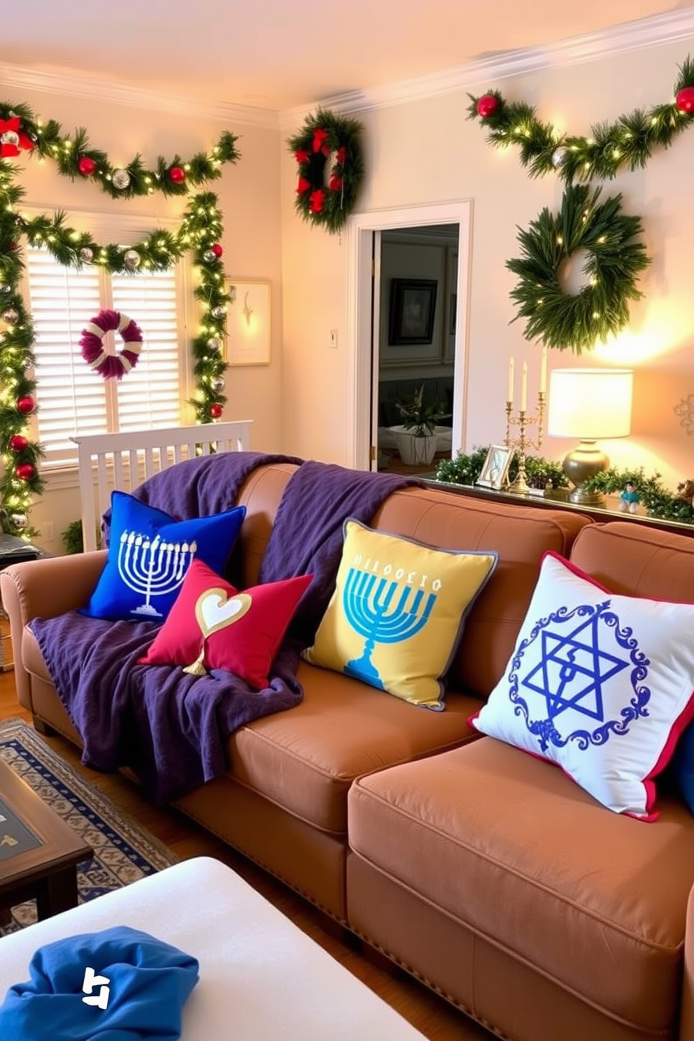 A vibrant living room adorned for Hanukkah features a cozy sofa draped with colorful throw pillows, each showcasing traditional symbols such as menorahs and dreidels. The walls are decorated with festive garlands and soft lighting creates a warm ambiance, enhancing the celebratory atmosphere.