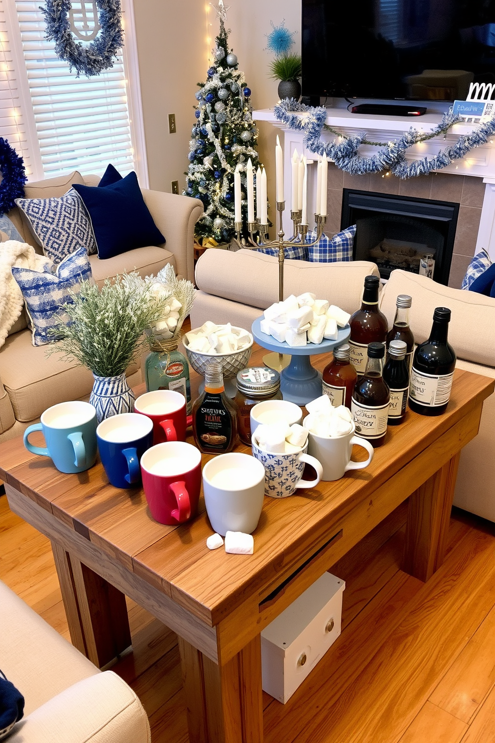 A festive hot cocoa bar is set up in a cozy living room adorned for Hanukkah. The bar features a rustic wooden table topped with a variety of colorful mugs, marshmallows, and flavored syrups, surrounded by twinkling fairy lights and traditional blue and silver decorations.