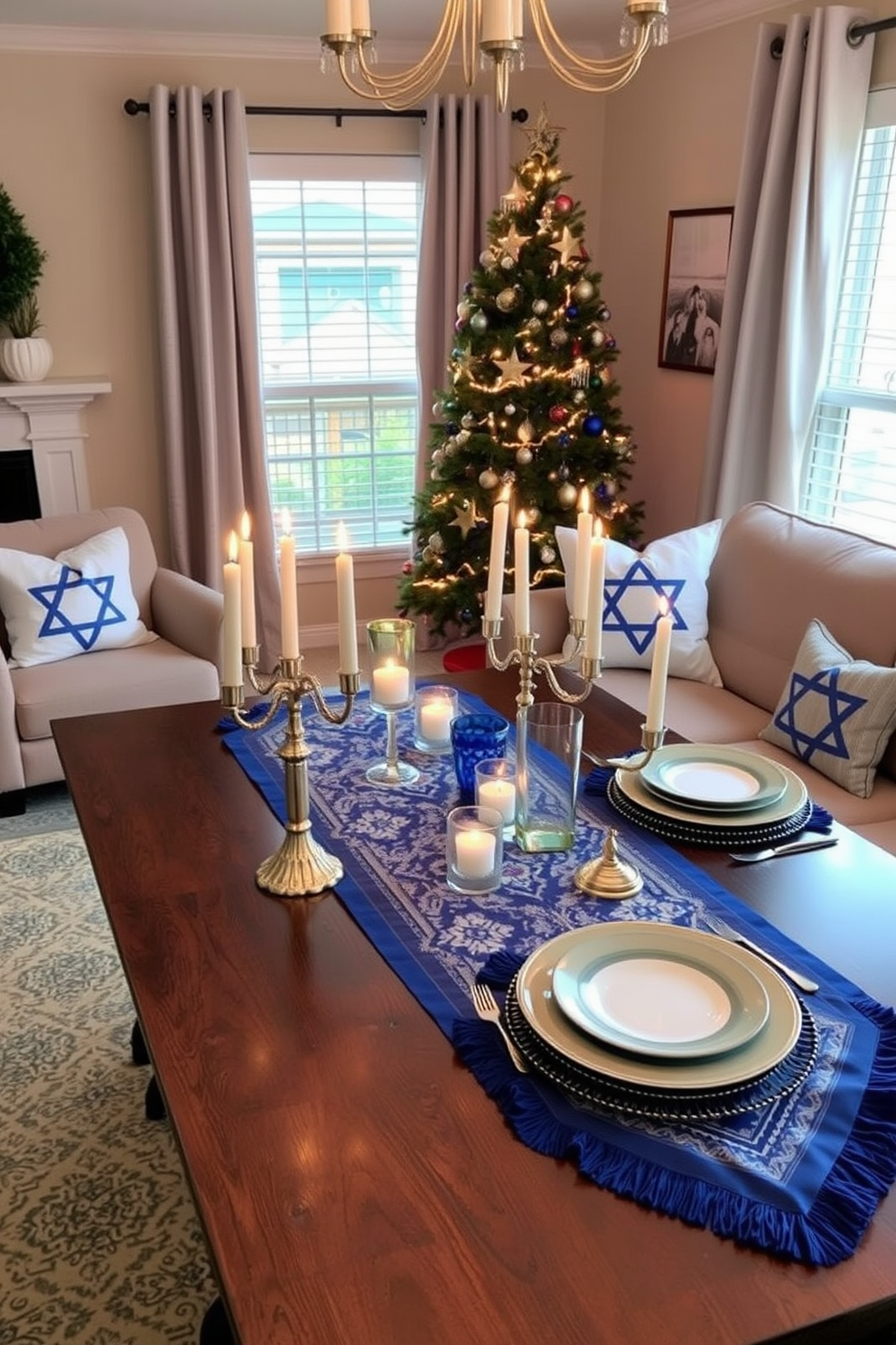 A cozy living room adorned with a festive Hanukkah theme. The table is elegantly set with a blue and silver themed table runner, complemented by decorative menorahs and candles. Cushions featuring Star of David patterns are arranged on the sofa. A beautifully decorated Christmas tree stands in the corner, adding a warm glow to the space.