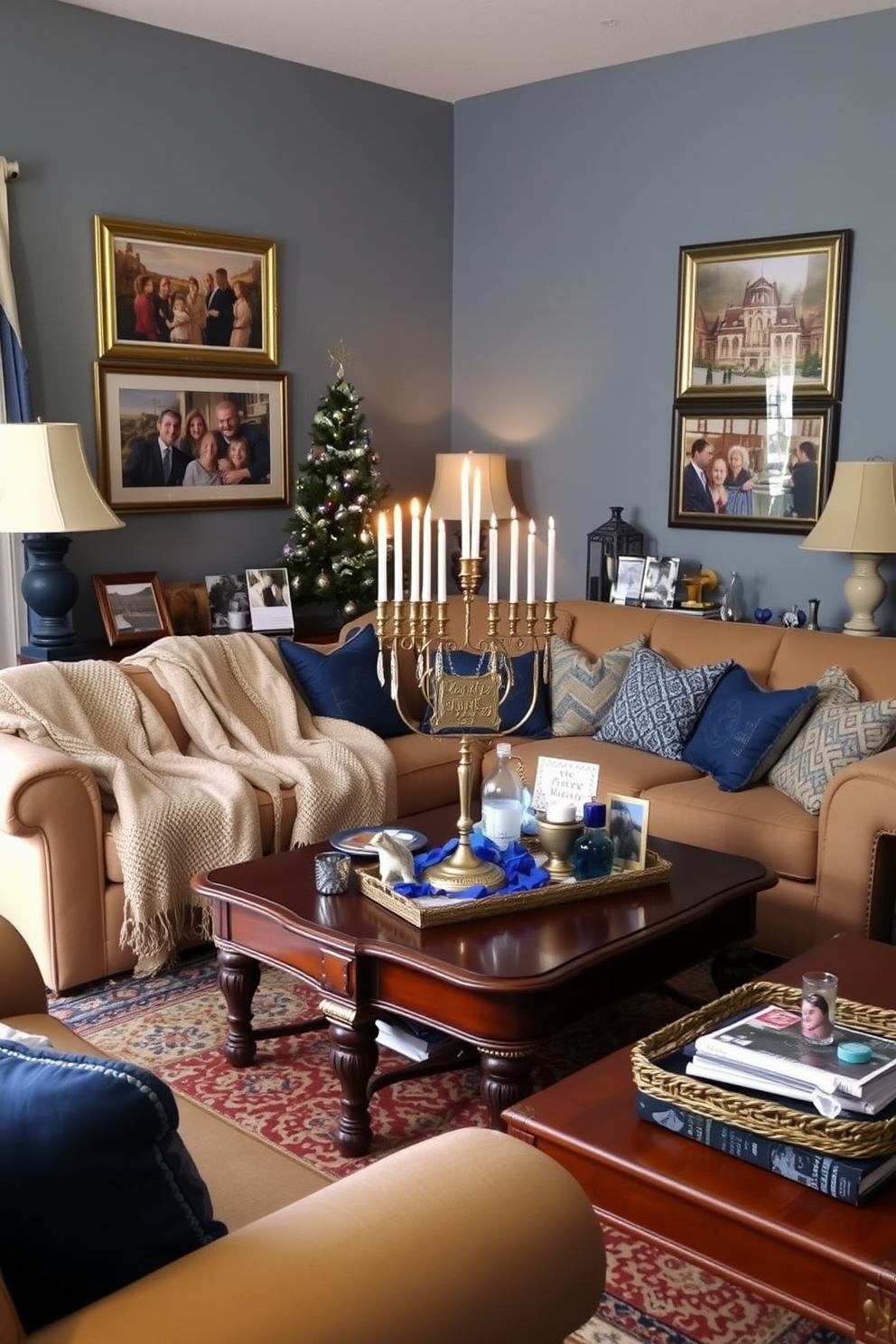 A warm and inviting living room adorned with family heirlooms that reflect cherished traditions. The space features a beautifully decorated menorah on the coffee table, surrounded by family photos and handmade decorations that celebrate the spirit of Hanukkah. Rich blue and silver accents create a festive atmosphere, with a cozy sofa draped in a soft throw blanket. The walls are adorned with framed artwork depicting scenes of family gatherings and holiday celebrations, enhancing the sense of togetherness.