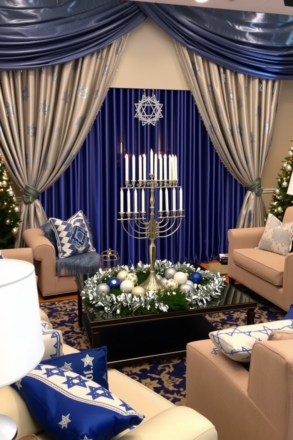 A cozy living room adorned with festive Hanukkah decorations. The walls are draped with elegant blue and silver fabrics, featuring star of David motifs throughout the design. A large menorah stands proudly on the coffee table, surrounded by decorative dreidels and shimmering silver garlands. Soft, warm lighting creates an inviting atmosphere, perfect for family gatherings during the holiday season.