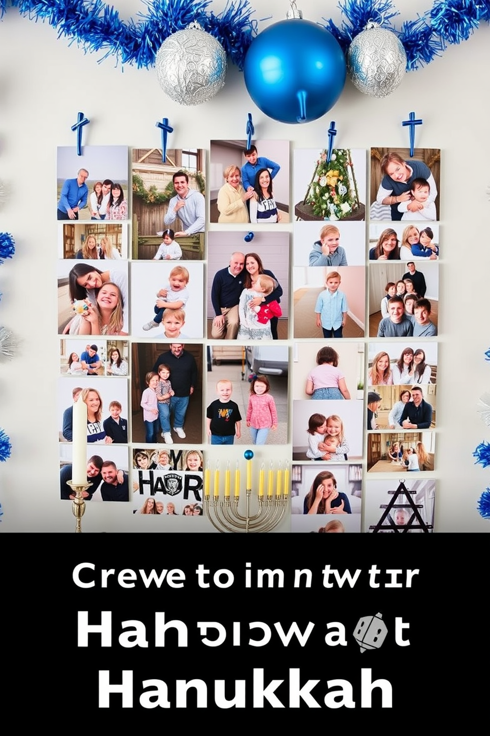 Create a festive photo wall display that captures the spirit of Hanukkah. The wall is adorned with a mix of family photos and decorative elements such as blue and silver ornaments, menorahs, and dreidels.