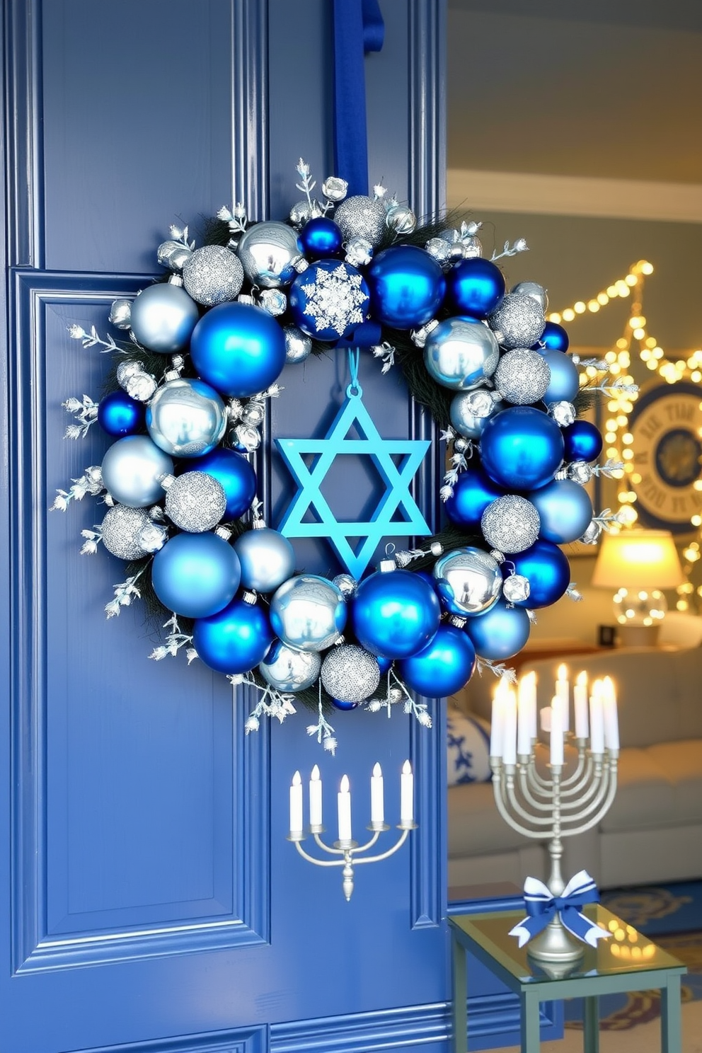 Create a beautiful Hanukkah-themed wreath for your front door. Incorporate blue and silver ornaments, along with white candles and a Star of David in the center for a festive touch. In the living room, decorate with a blue and white color scheme that reflects the spirit of Hanukkah. Use string lights and menorah centerpieces to create a warm and inviting atmosphere for family gatherings.