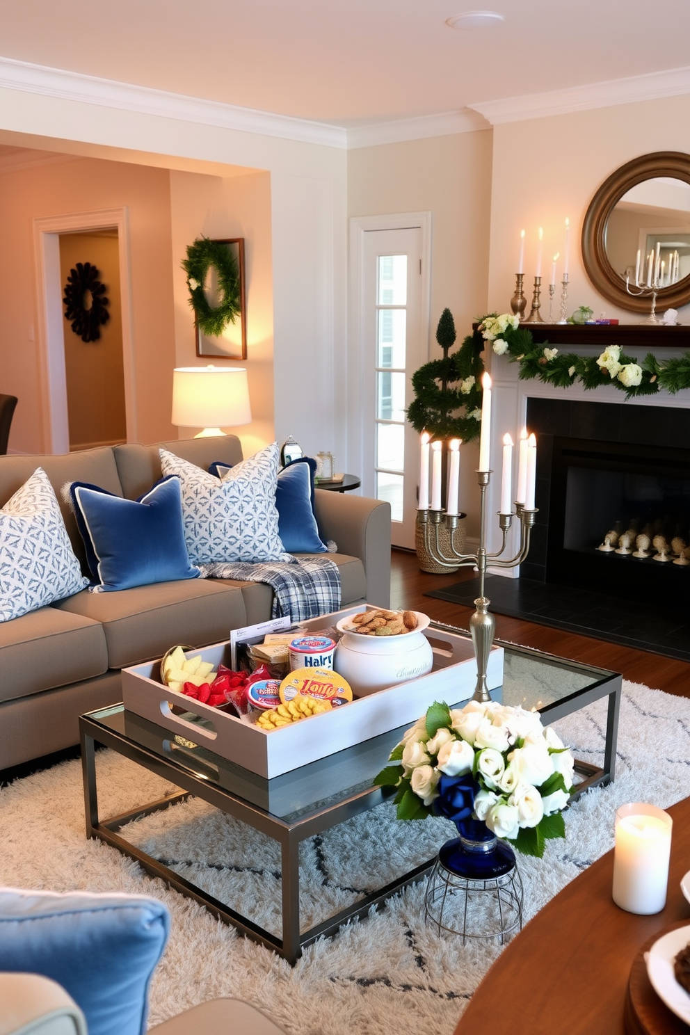 A cozy living room adorned for Hanukkah features a stylish decorative tray on the coffee table filled with an assortment of snacks. Soft blue and white pillows complement the warm lighting, creating an inviting atmosphere for family gatherings. The mantel is elegantly decorated with menorahs and festive garlands, while a plush rug adds comfort underfoot. A beautifully arranged centerpiece on the dining table showcases traditional Hanukkah treats, enhancing the celebratory spirit of the season.