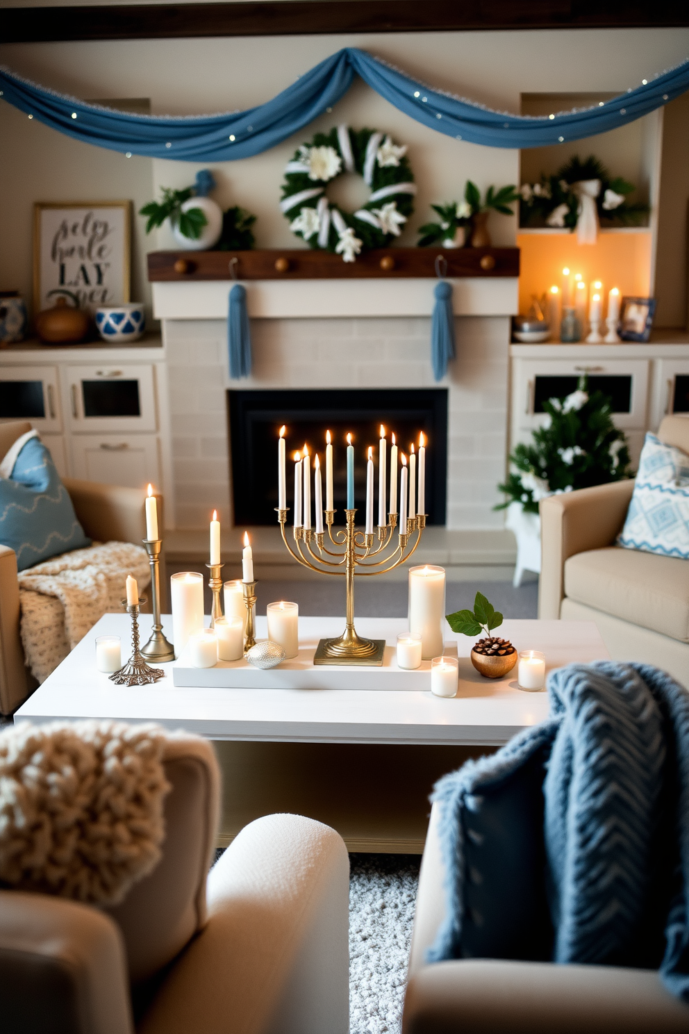 A cozy living room adorned for Hanukkah. Soft blue and white decorations create a festive atmosphere, with a beautifully arranged menorah on the coffee table surrounded by seasonal candles. The scent of cinnamon and pine fills the air from strategically placed candles. Plush throw blankets and decorative pillows in winter hues add warmth and comfort to the space.