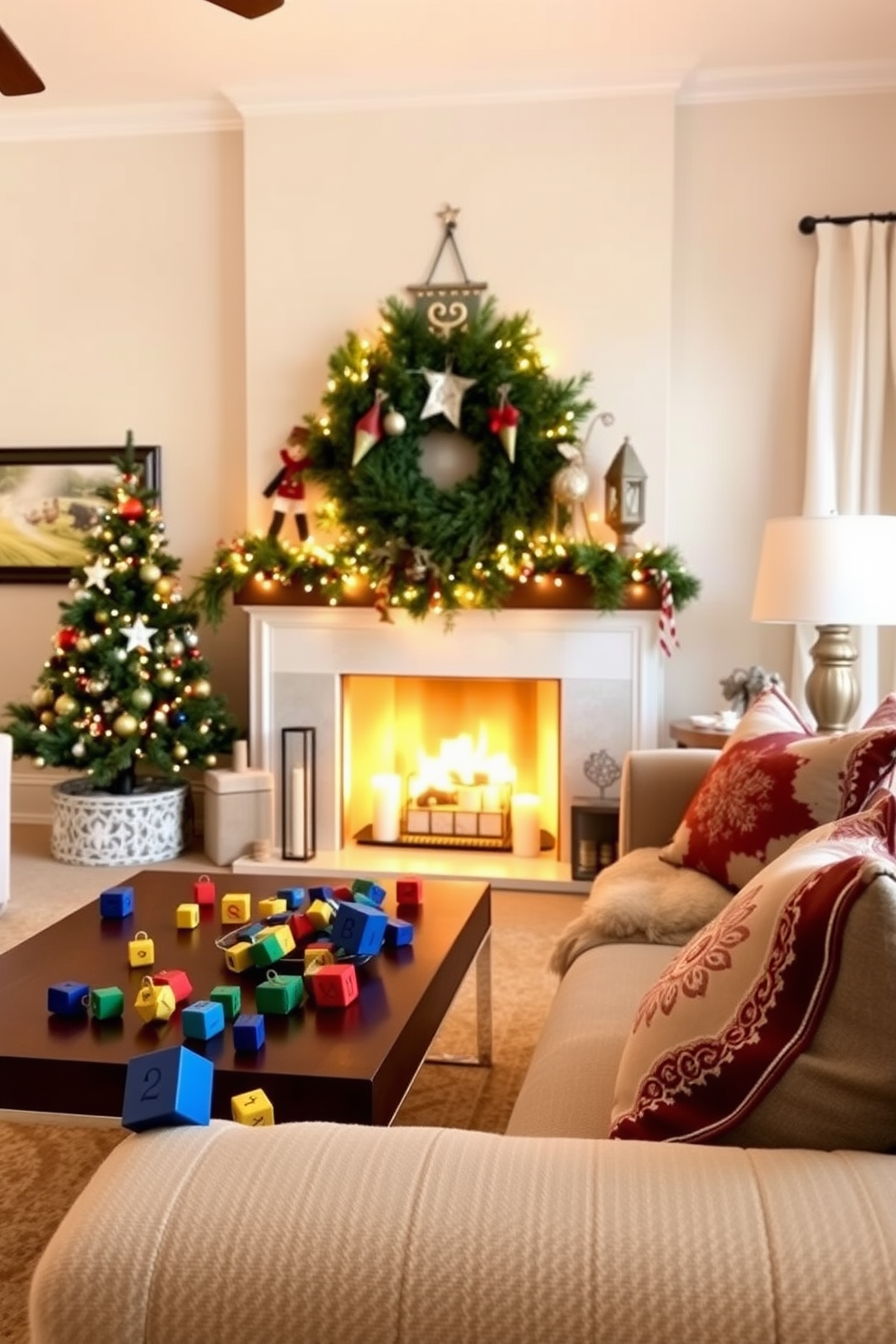 A cozy living room adorned with dreidel-themed decorative accents. Colorful dreidels are scattered on the coffee table and hung as ornaments on the mantelpiece. Soft, warm lighting enhances the festive atmosphere, creating a welcoming space for family gatherings. Plush cushions with festive patterns complement the holiday decor, inviting comfort and joy.