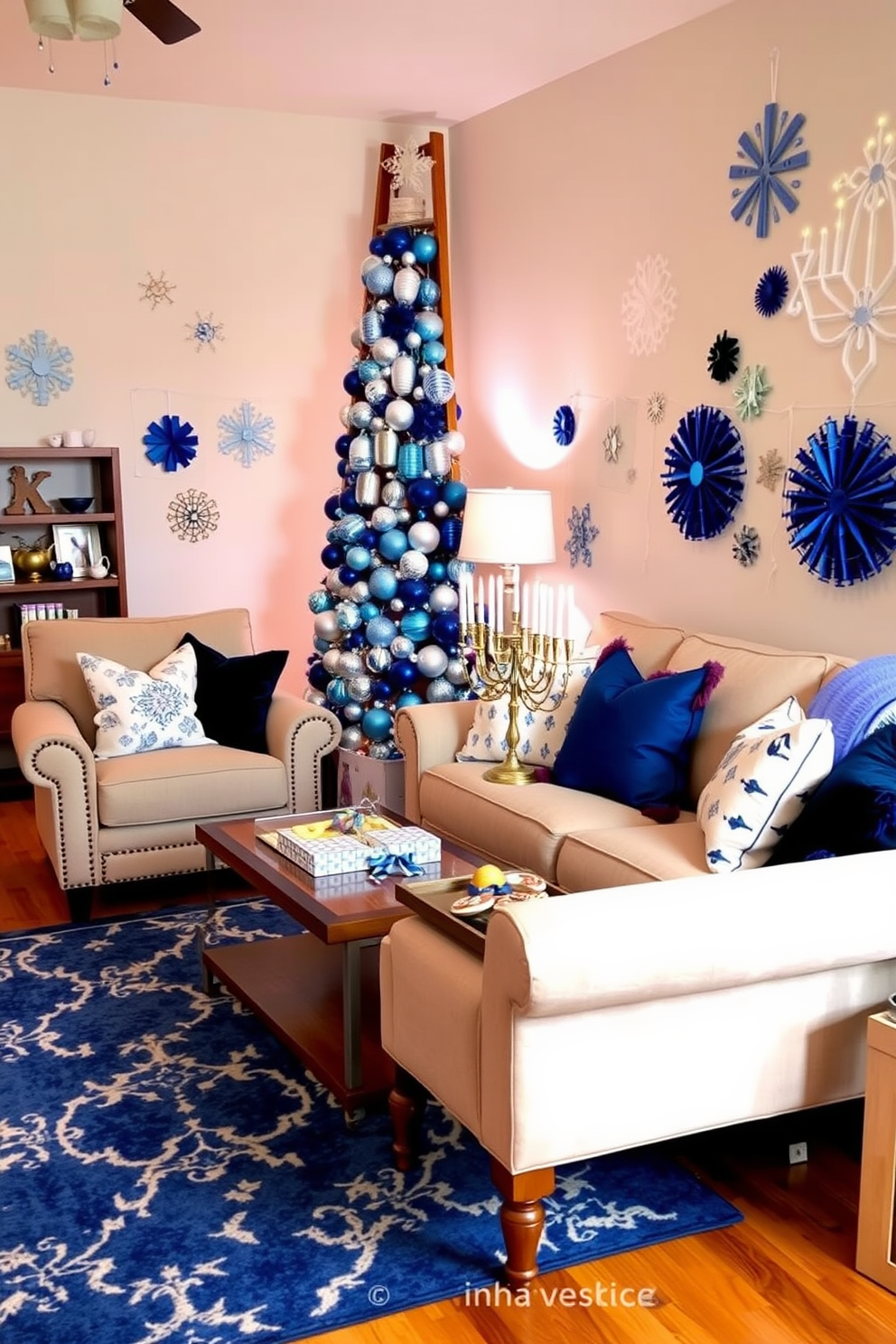 A cozy living room decorated for Hanukkah features a unique alternative to a traditional tree, such as a beautifully arranged display of blue and silver ornaments hanging from a large decorative ladder. Soft, warm lighting creates an inviting atmosphere, complemented by plush seating adorned with festive throw pillows and a menorah prominently displayed on the coffee table. The walls are adorned with handcrafted decorations, including paper snowflakes and star motifs, adding a personal touch to the festive decor. A vibrant blue and white area rug ties the space together, while a small table holds a selection of holiday treats, inviting family and friends to gather and celebrate.