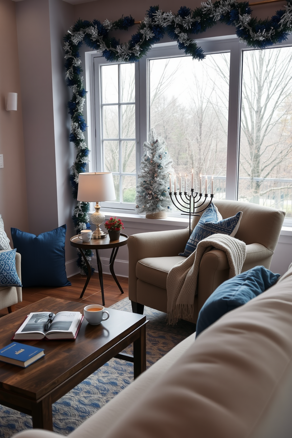 A cozy reading nook area features a plush armchair upholstered in soft fabric positioned next to a large window that allows natural light to flood the space. A small side table holds a steaming cup of tea and a stack of well-loved books, while a warm throw blanket drapes over the arm of the chair. The living room is adorned with festive Hanukkah decorations, including a beautifully lit menorah placed on the coffee table. Blue and silver accents are woven throughout the room, from decorative pillows to shimmering garlands, creating a warm and inviting atmosphere for celebration.