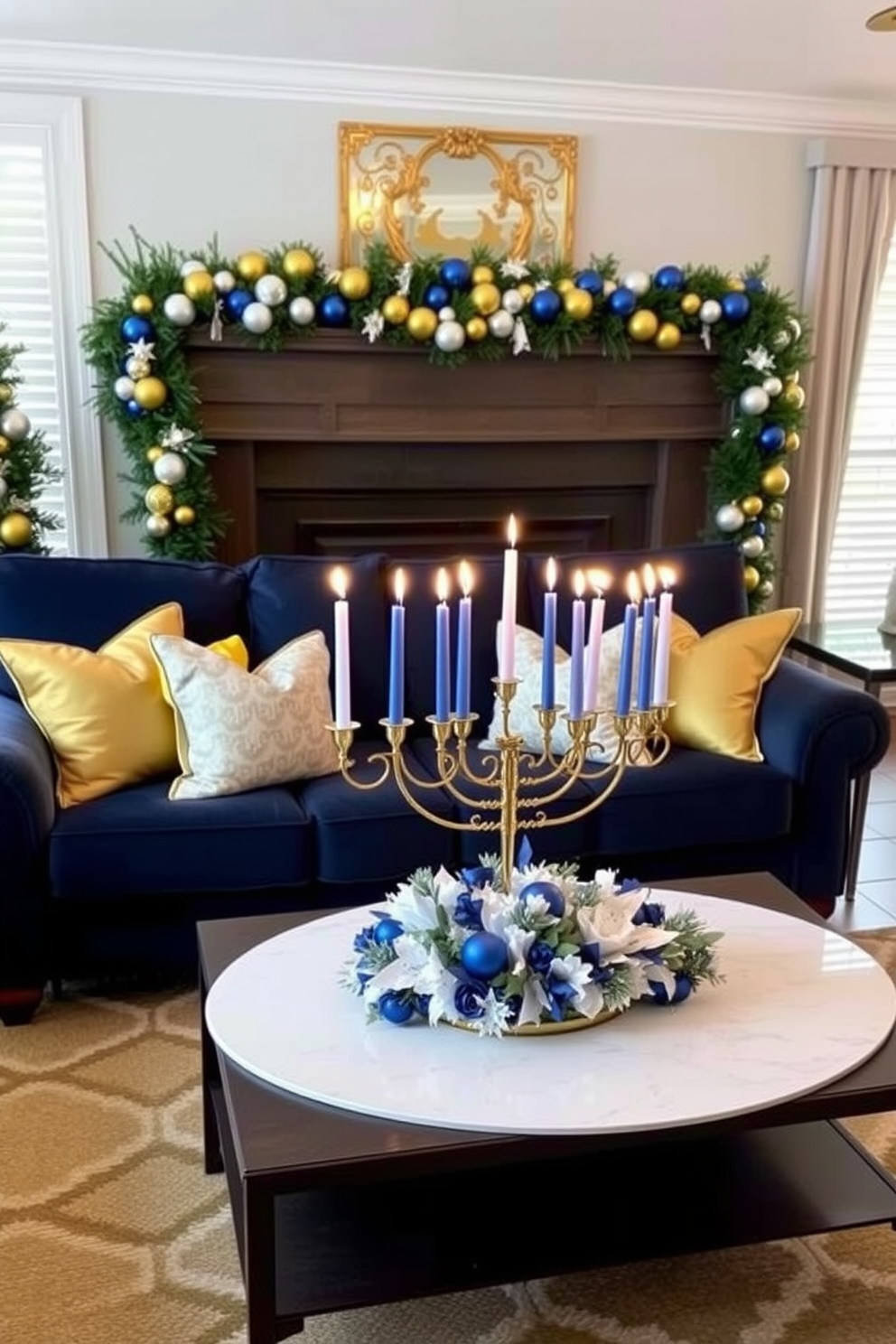 A cozy living room adorned for Hanukkah, featuring a plush navy sofa with gold and silver throw pillows. A beautifully decorated menorah sits on the coffee table, surrounded by traditional blue and white candles, while a festive garland of blue and gold ornaments hangs above the fireplace.