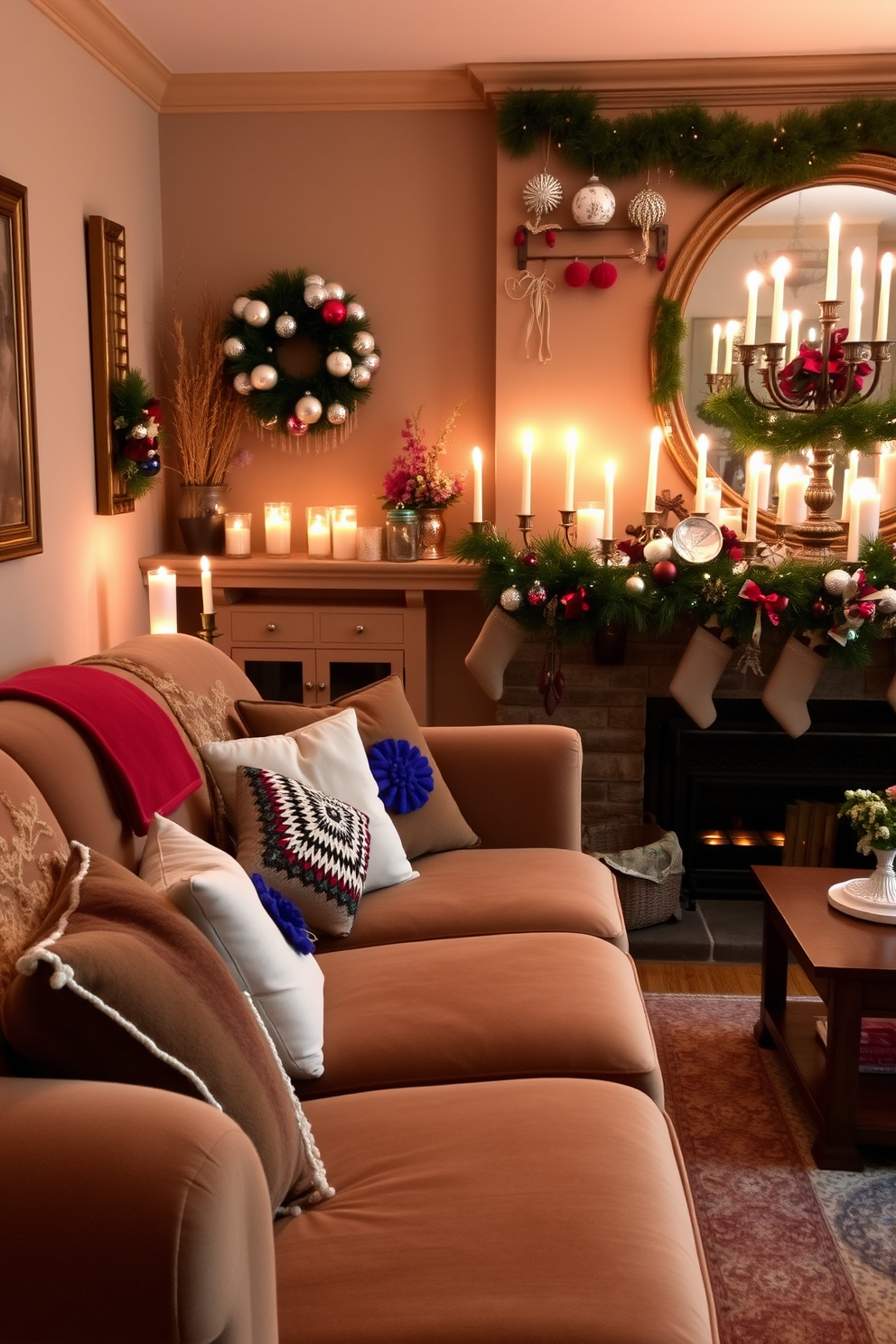 A cozy living room filled with warmth and charm. The space features a large, plush sofa adorned with handmade ornaments and decorative pillows in festive colors. A beautifully decorated mantel showcases an array of unique handmade ornaments. Soft lighting from elegant candles creates an inviting atmosphere, perfect for celebrating Hanukkah with family and friends.