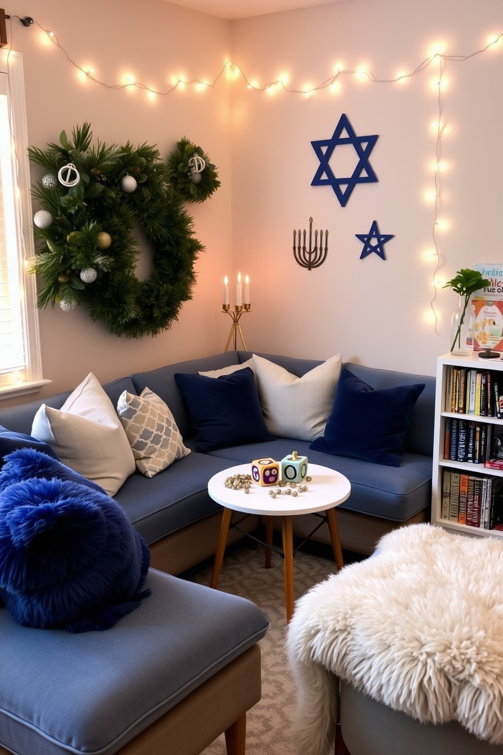 A cozy living room corner designed for Hanukkah celebrations. A small table is set up with a colorful dreidel and a stack of chocolate gelt, surrounded by plush cushions in shades of blue and silver. The walls are adorned with festive decorations, including a menorah and string lights that create a warm ambiance. A soft area rug in a geometric pattern adds comfort, while a nearby bookshelf displays holiday-themed books and games for family enjoyment.