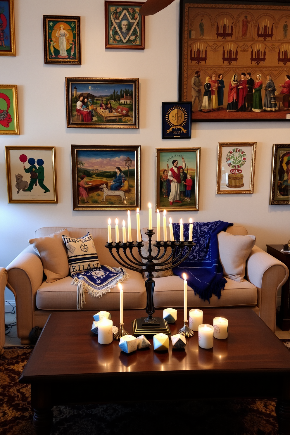 A warm and inviting living room adorned with cultural artwork that reflects the rich traditions of Hanukkah. The walls are decorated with vibrant pieces showcasing symbols and scenes from the holiday, creating a festive atmosphere. A cozy seating area features a plush sofa draped with a blue and white throw blanket. Soft lighting highlights a beautifully arranged menorah on the coffee table, surrounded by decorative dreidels and festive candles.