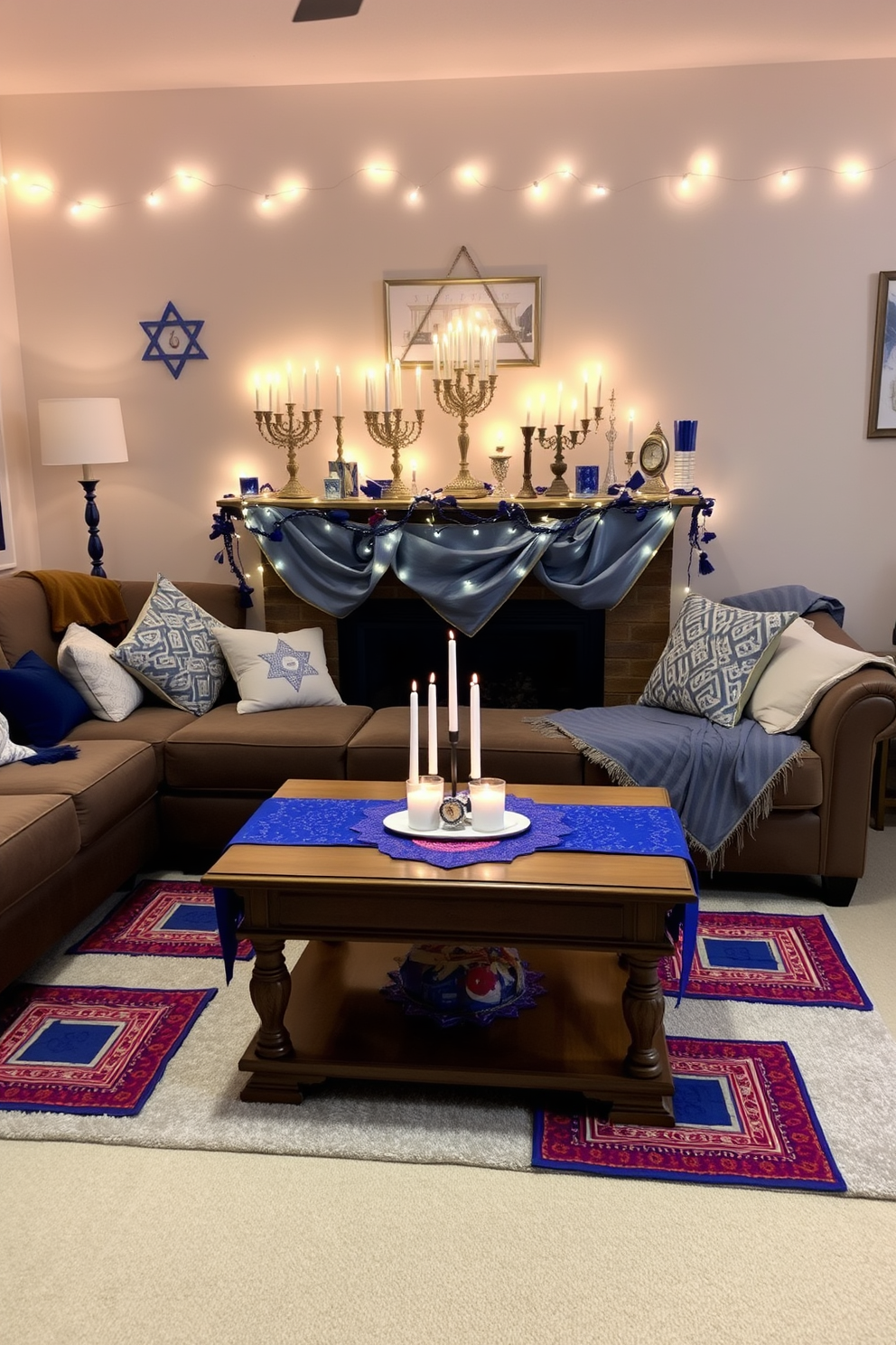 A cozy living room setting adorned for Hanukkah. The space features a large, plush sofa with decorative cushions, and a festive tablecloth drapes elegantly over a wooden coffee table, complemented by vibrant placemats underneath. On the mantel, a collection of menorahs and candles are artfully arranged, surrounded by twinkling fairy lights. The walls are decorated with blue and silver accents, creating a warm and inviting atmosphere perfect for celebrating the holiday.