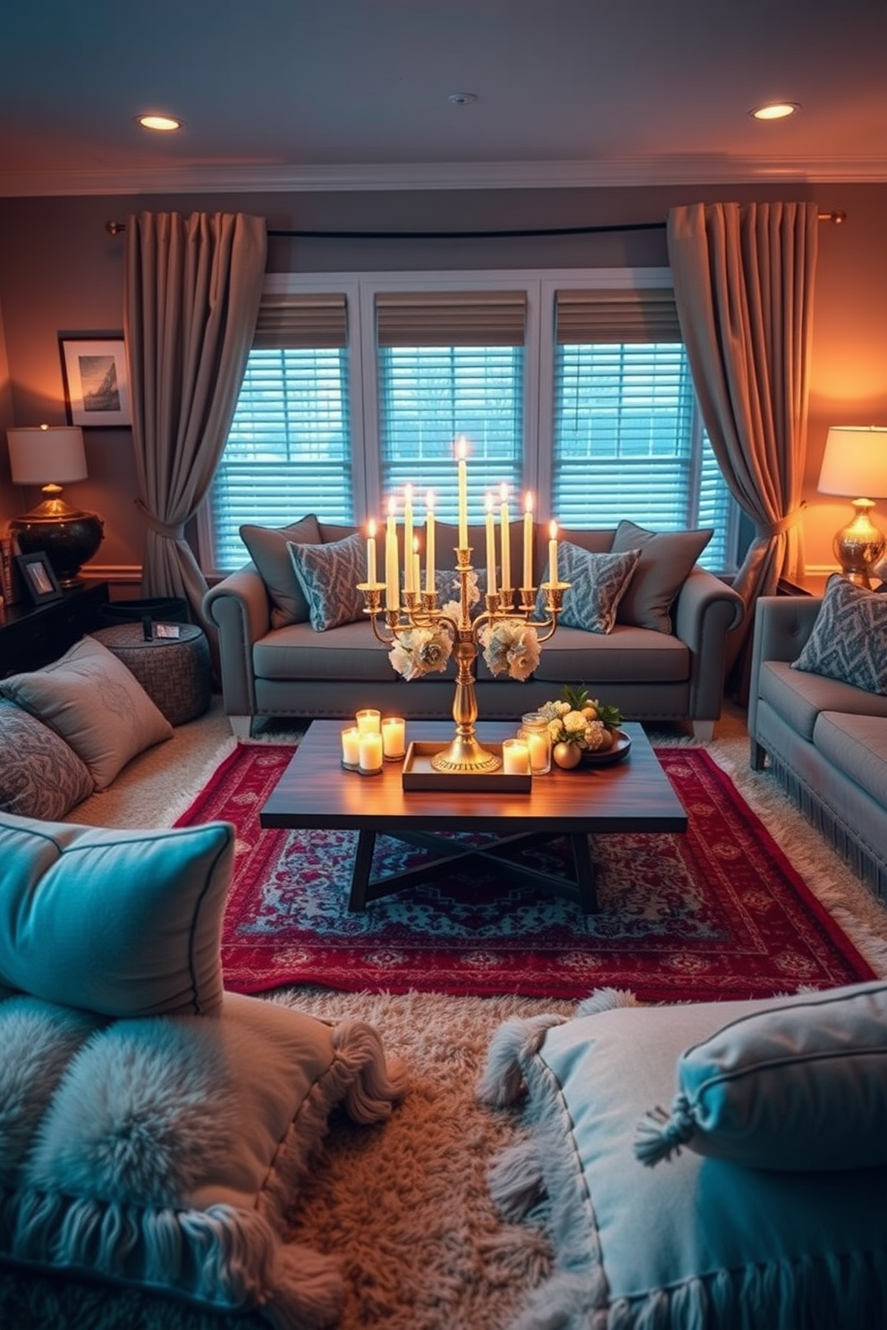 Create a cozy living room setting designed for Hanukkah celebrations. Use oversized pillows for floor seating, creating a comfortable and inviting atmosphere for gatherings. Incorporate a beautifully decorated menorah as the centerpiece on a low coffee table. Surround the table with plush rugs and warm lighting to enhance the festive ambiance.