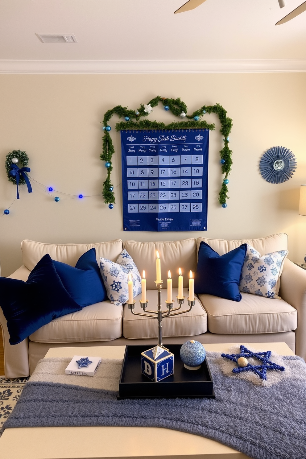 A cozy living room adorned for Hanukkah. A beautifully decorated calendar hangs on the wall, counting down the days to the festival, surrounded by blue and silver accents. The space features a plush sofa with festive throw pillows in shades of blue and white. A menorah sits on the coffee table, illuminated by soft candlelight, while a decorative dreidel adds to the holiday charm.