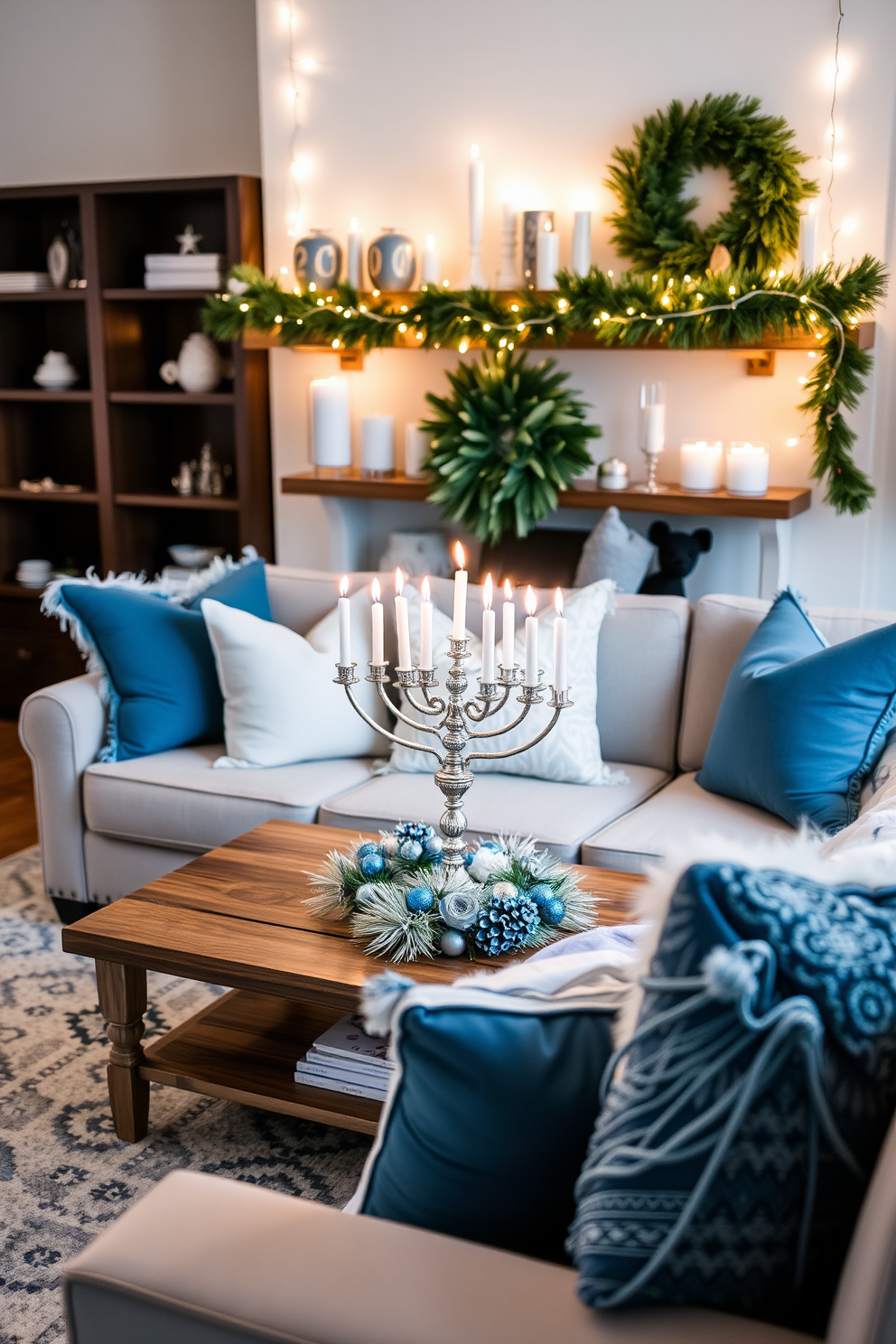 Create a festive backdrop for photos in a cozy living room setting. The room features a beautifully decorated Hanukkah menorah on a wooden coffee table surrounded by soft blue and silver accents. String lights are draped across the mantle, illuminating a collection of decorative dreidels and festive candles. Plush pillows in shades of blue and white adorn the sofa, creating a warm and inviting atmosphere for holiday gatherings.