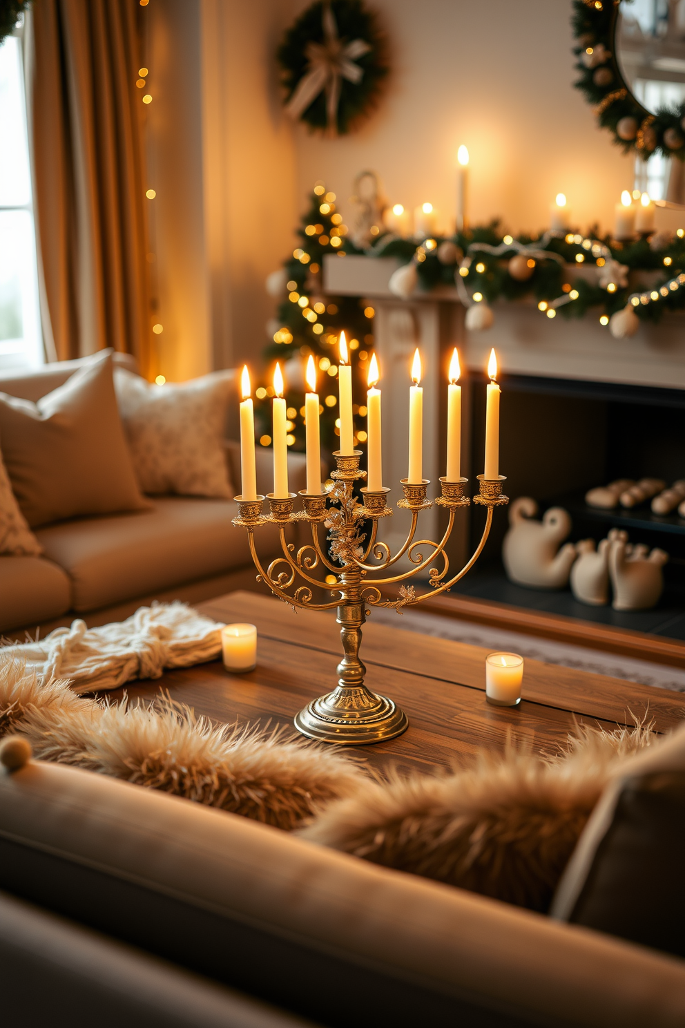 Create a cozy candlelit atmosphere in a living room adorned with festive Hanukkah decorations. Soft golden light from flickering candles illuminates a beautifully decorated menorah placed on a wooden coffee table surrounded by plush cushions.