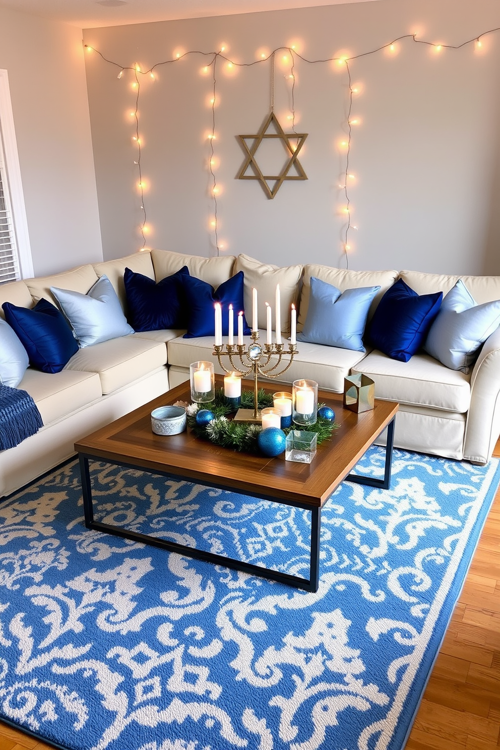 Create a cozy gathering space for family during Hanukkah. The living room features a plush sectional sofa adorned with festive throw pillows in blue and silver tones. A large coffee table is centered in front of the sofa, decorated with a decorative menorah and an assortment of candles. The walls are adorned with warm fairy lights, and a beautiful blue and white rug anchors the space, adding comfort and style.