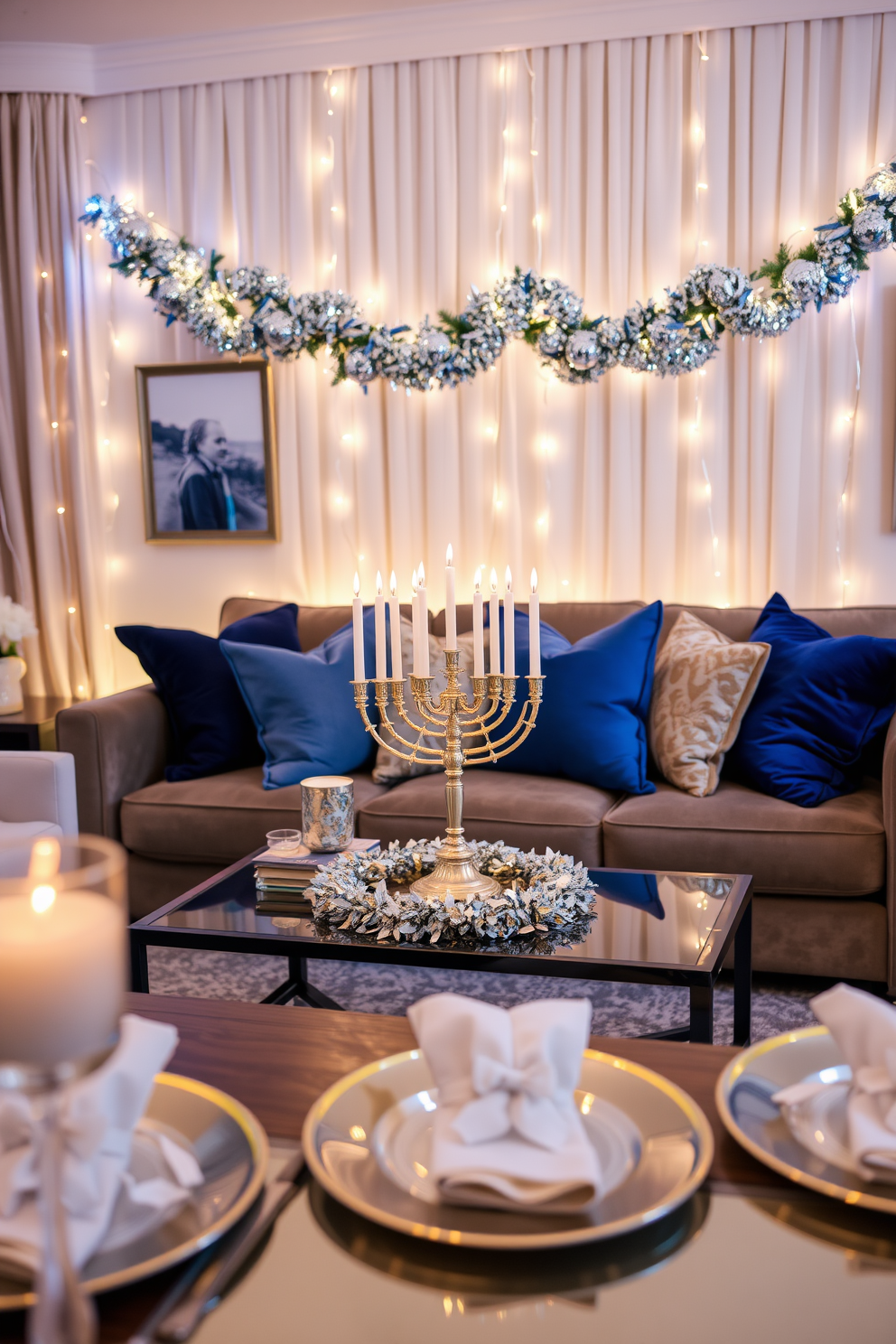 A cozy living room adorned for Hanukkah features a beautifully decorated menorah on the coffee table, surrounded by shimmering silver and gold accents. The walls are draped with soft, warm lighting, and a festive garland of blue and white lights enhances the seasonal atmosphere. Plush cushions in rich shades of blue and gold are arranged on a comfortable sofa, inviting guests to relax and enjoy the celebration. A festive table setting with elegant silverware and gold-rimmed plates complements the overall decor, creating a warm and inviting space for gatherings.