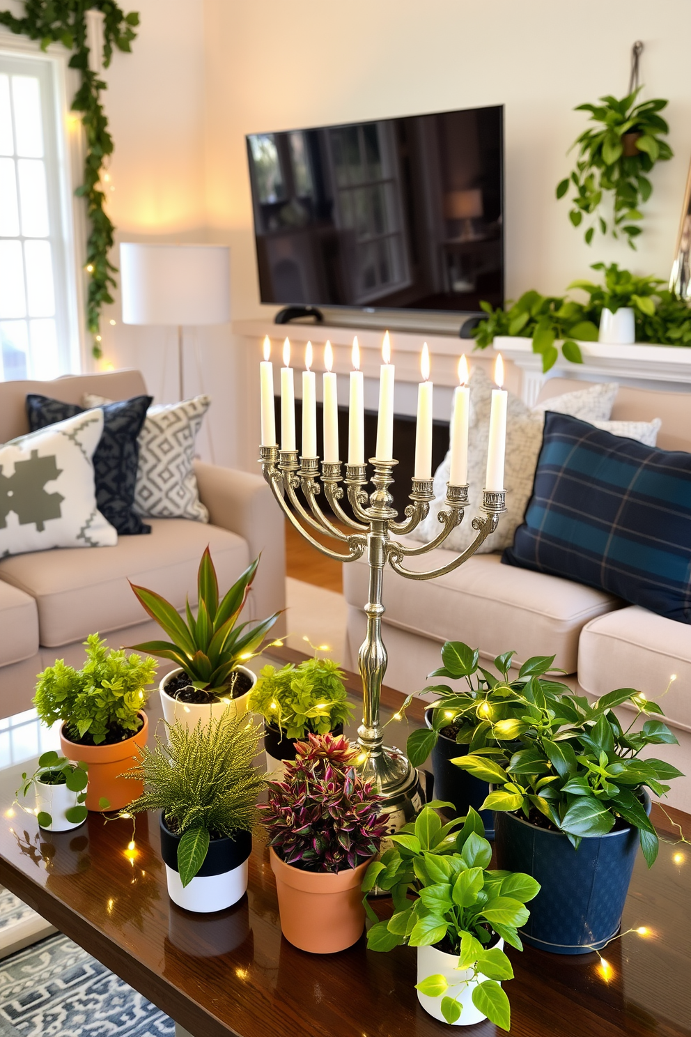 A cozy living room adorned for Hanukkah with fresh greenery accents. A beautifully decorated menorah sits on the coffee table surrounded by vibrant potted plants and twinkling fairy lights.