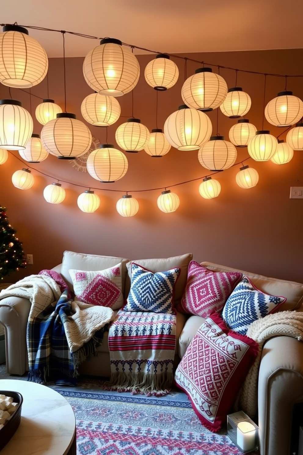 A cozy living room adorned with paper lanterns that emit a warm, soft glow. The space features a comfortable sofa draped with festive throws and pillows, creating an inviting atmosphere for Hanukkah celebrations.