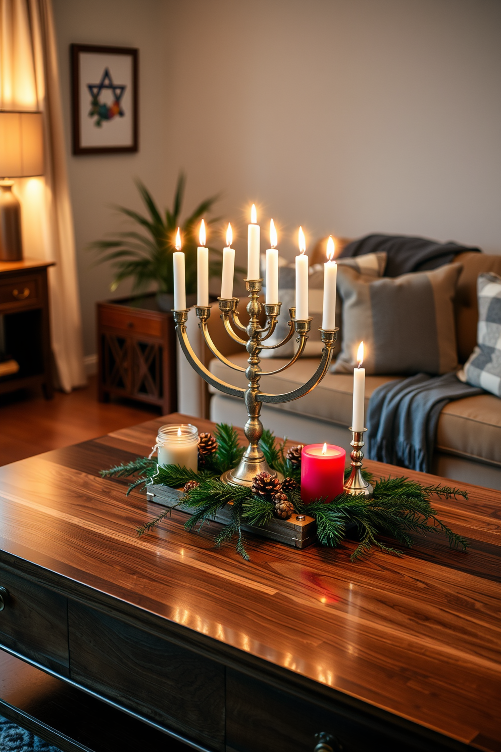 A stunning menorah centerpiece is elegantly placed on a polished wooden coffee table. Surrounding the menorah are decorative elements such as candles in vibrant colors and festive greenery to enhance the Hanukkah spirit. Soft, warm lighting fills the living room, creating a cozy atmosphere perfect for family gatherings. Plush cushions and a stylish throw blanket adorn the sofa, inviting everyone to relax and enjoy the celebration.