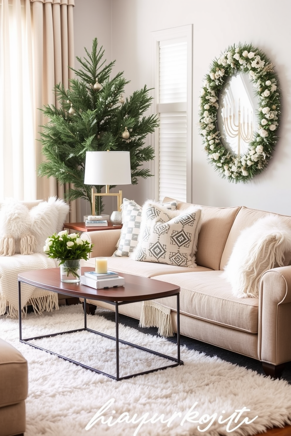 Layer plush textiles for warmth in a cozy living room setting. Incorporate soft throw pillows and a luxurious area rug to create an inviting atmosphere for Hanukkah celebrations.