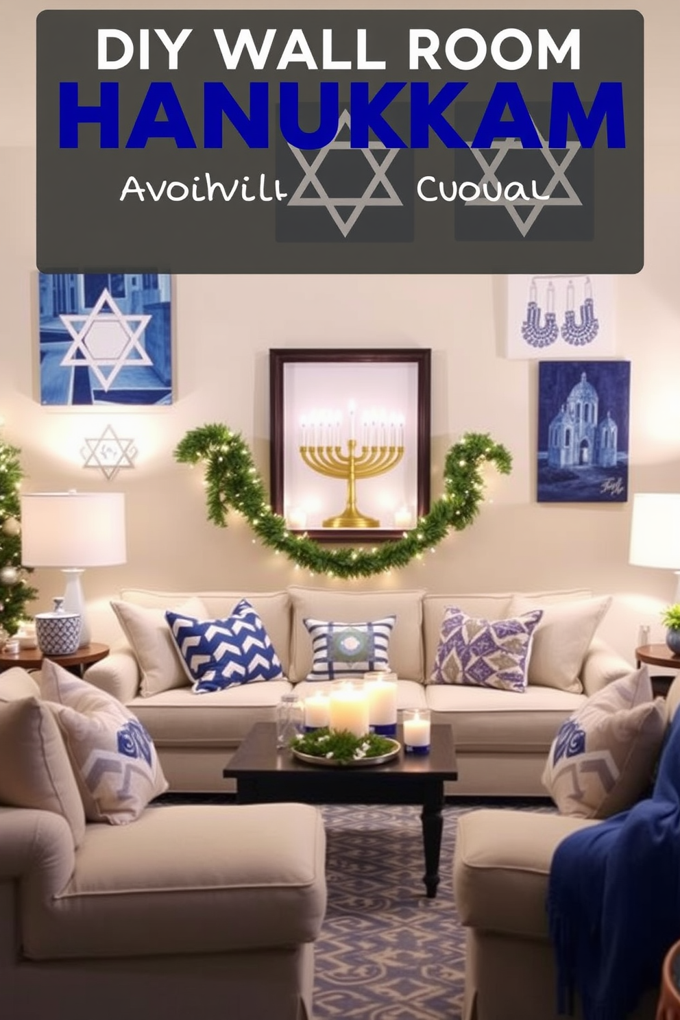 Create a cozy living room atmosphere for Hanukkah with DIY wall art pieces that celebrate the festival of lights. Incorporate elements like blue and silver colors, Star of David motifs, and handmade menorah designs to enhance the festive spirit. Design a warm and inviting space that features comfortable seating arranged around a focal point decorated with Hanukkah-themed decor. Use soft lighting and festive accents such as garlands and candles to create a joyful ambiance for gatherings with family and friends.