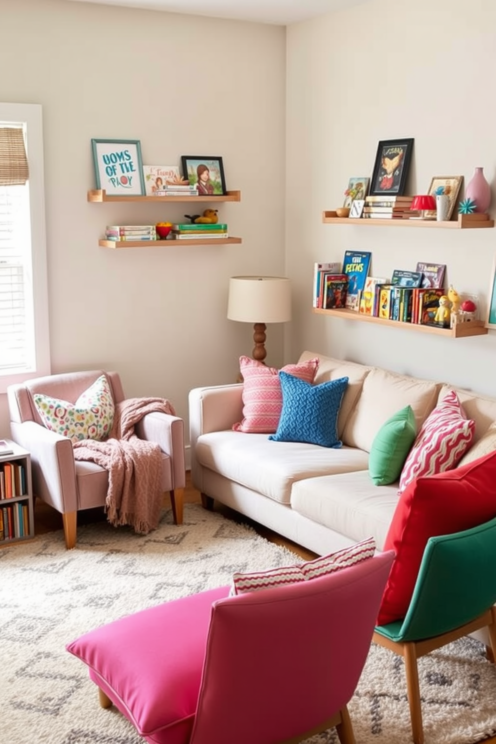 Cozy reading nook with colorful cushions. A plush armchair is nestled in the corner, surrounded by a collection of vibrant throw pillows in various patterns and textures. The walls are painted in a soft pastel hue, creating a warm and inviting atmosphere. A small bookshelf filled with an array of books stands nearby, and a cozy knitted blanket drapes over the armchair. Living Room Playroom Design Ideas. The living room features a modern sectional sofa in a neutral tone, paired with playful accent chairs in bright colors. A large area rug defines the space, while a stylish coffee table holds an assortment of games and toys. Wall-mounted shelves display decorative items and children's books, blending functionality with aesthetic appeal.