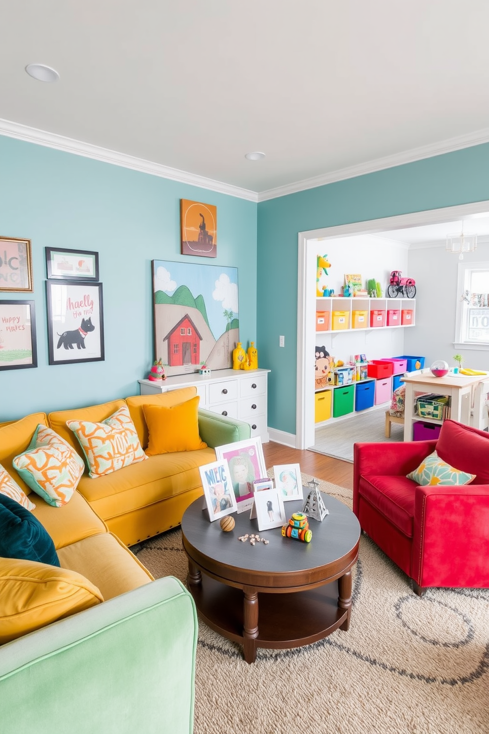 A cozy living room filled with themed decor that sparks imagination. Plush seating in vibrant colors surrounds a whimsical coffee table adorned with playful art pieces. A bright playroom designed to encourage creativity and fun. The walls are painted in cheerful hues, and colorful storage bins are filled with toys, while a soft rug provides a comfortable play area.