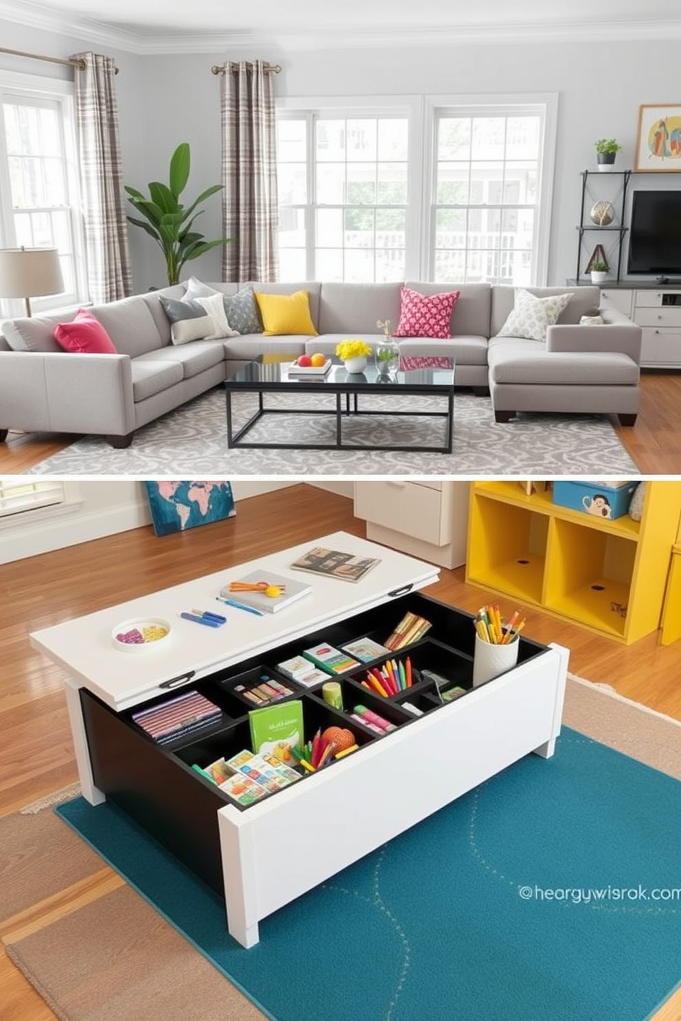 A stylish multi-functional coffee table sits at the center of the living room, featuring a sleek design with hidden storage compartments. Surrounding the table are a plush sectional sofa and vibrant accent chairs, creating a cozy atmosphere perfect for entertaining or relaxing. In the playroom, the coffee table doubles as a creative workspace for children, with colorful art supplies neatly organized within its storage. Brightly colored rugs and playful wall art enhance the cheerful ambiance, making it an inviting space for both play and creativity.