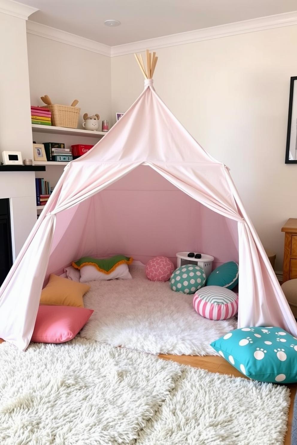 A charming play tent is set up in a cozy corner of the living room, creating a whimsical hideaway for children. The tent features soft pastel colors and playful patterns, inviting imaginative adventures. Surrounding the tent, the playroom is adorned with plush rugs and colorful cushions, providing a comfortable area for play. Shelves filled with toys and books are neatly organized, making the space both functional and inviting.