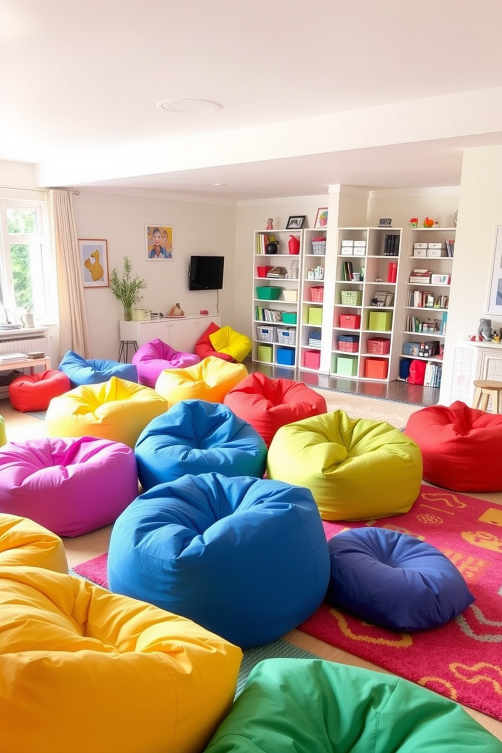 Colorful bean bags are scattered throughout the living room, providing a fun and relaxed seating option for both kids and adults. The room is filled with natural light, and the walls are painted in a cheerful pastel hue, enhancing the playful atmosphere. In the playroom, vibrant bean bags in various shapes and sizes create a cozy and inviting space for play and creativity. The floor is covered with soft, colorful rugs, and shelves are lined with toys and books, making it a perfect environment for imaginative activities.