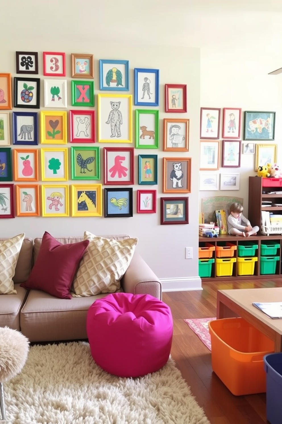 A vibrant gallery wall showcasing children's artwork fills one side of the living room. The frames are colorful and varied in size, creating a playful yet cohesive display that highlights the creativity of the young artists. The playroom features a cozy reading nook with a plush rug and oversized cushions. Brightly colored storage bins are neatly arranged, providing a fun and organized space for toys and games.