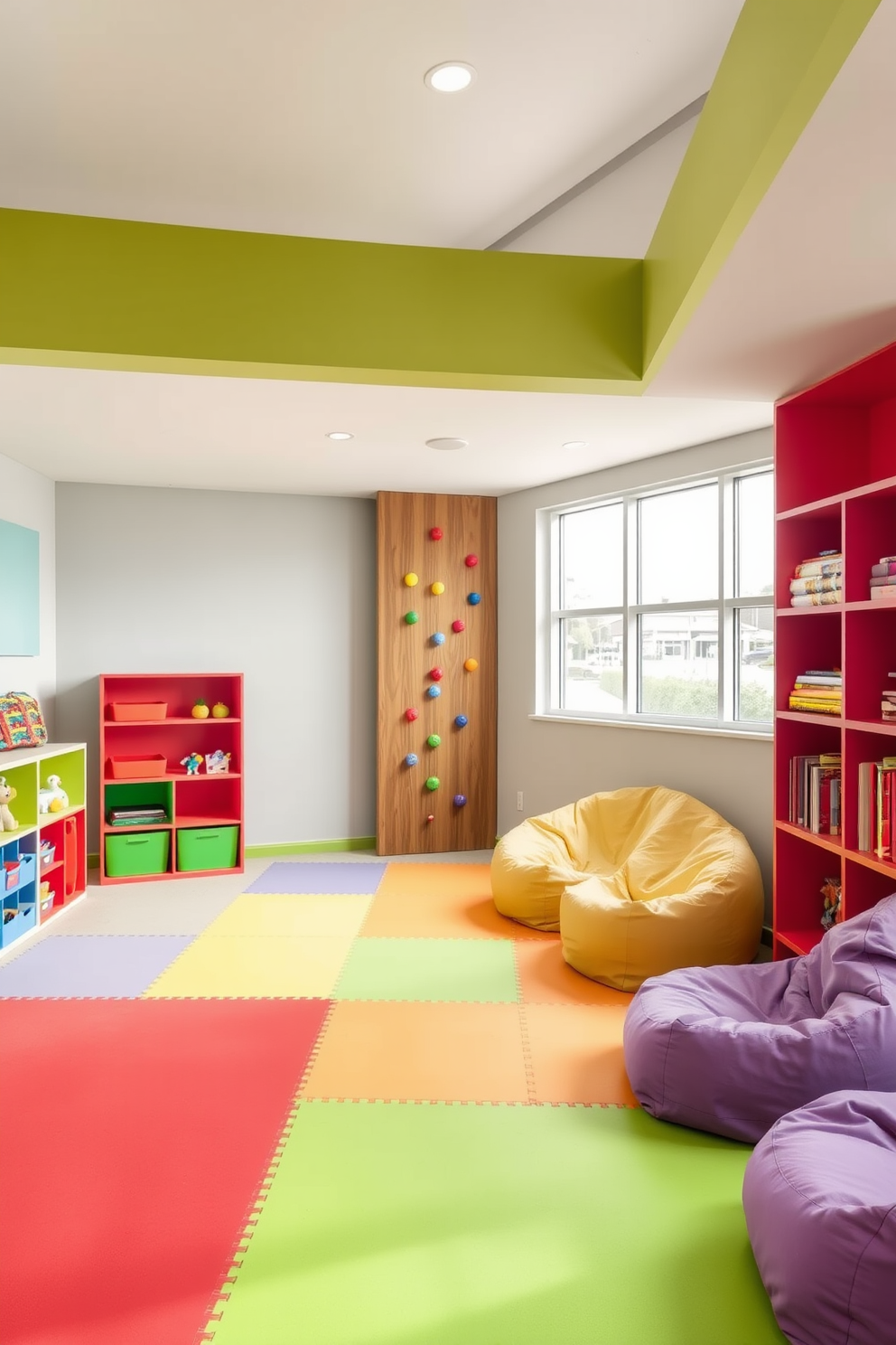 A vibrant playroom designed for both play and relaxation. The space features a small indoor climbing wall with colorful grips, surrounded by soft mats for safety. In one corner, a cozy reading nook with oversized bean bags invites children to unwind. Brightly colored shelves display toys and books, while large windows let in ample natural light.