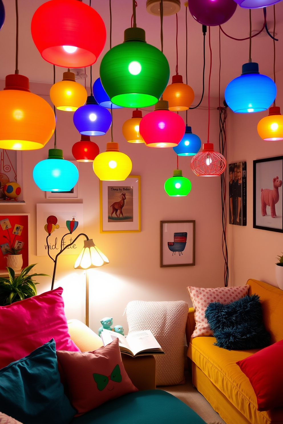 A vibrant living room filled with playful lighting elements. Colorful pendant lights hang from the ceiling, casting a warm glow over plush seating arrangements and playful decor. The space features a mix of bright cushions and whimsical artwork on the walls. A cozy reading nook is illuminated by a unique floor lamp, creating an inviting corner for relaxation and creativity.