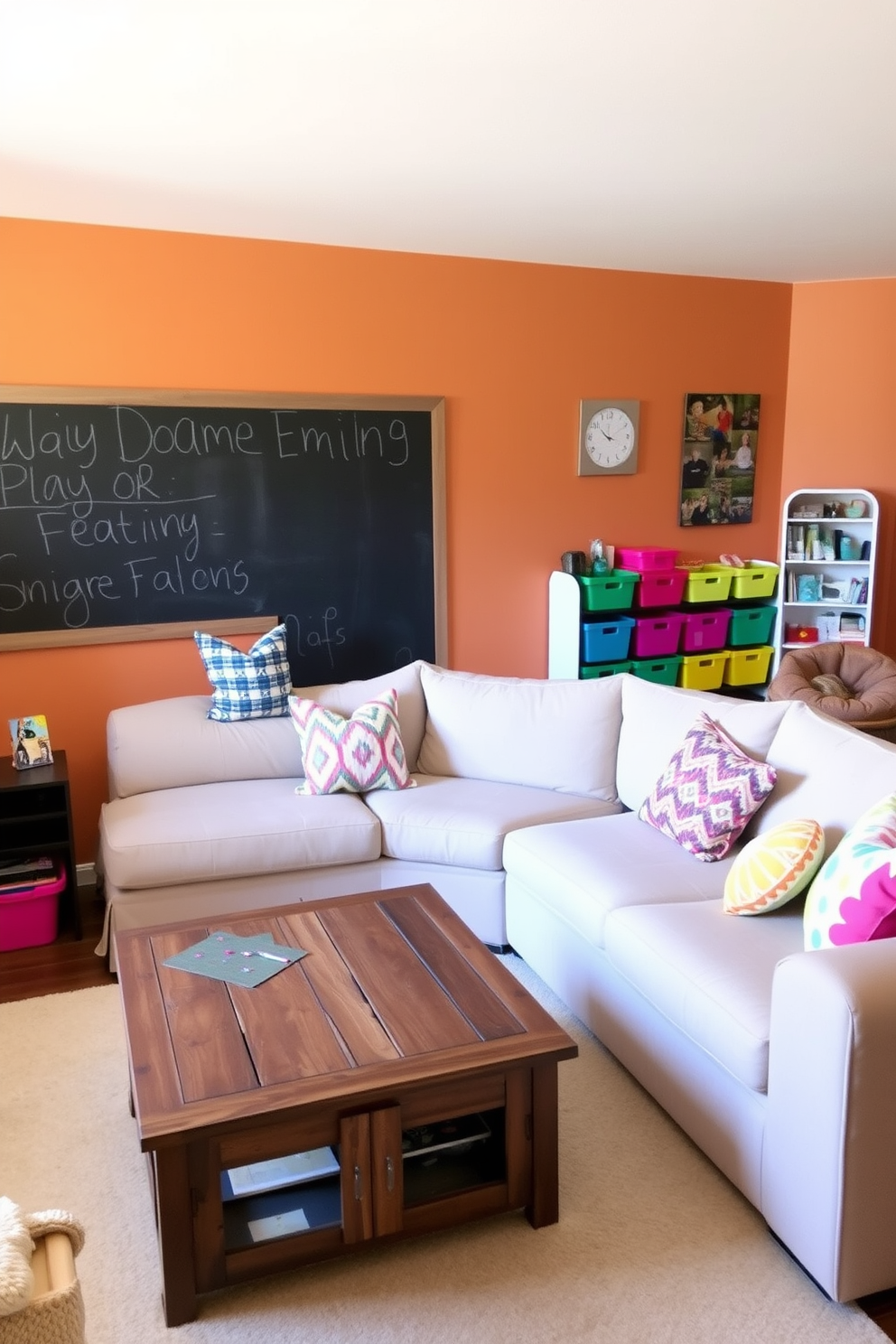 A cozy family game night area features a large sectional sofa adorned with colorful throw pillows, positioned around a rustic wooden coffee table. The walls are painted in a warm, inviting hue, and a soft area rug anchors the seating arrangement. The living room playroom design incorporates playful elements such as a chalkboard wall and vibrant storage bins for toys. A comfortable reading nook with a plush bean bag chair and a small bookshelf adds a touch of whimsy to the space.