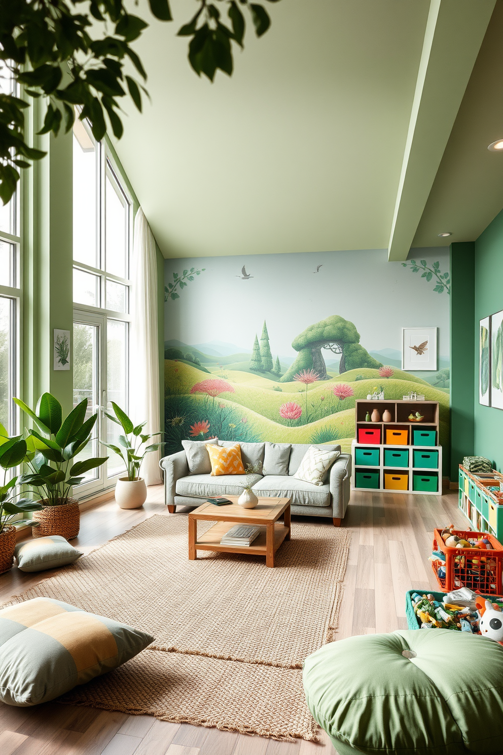 A serene living room filled with nature-inspired decor. Soft green and earthy tones dominate the space, with large potted plants placed in the corners and a natural wood coffee table at the center. The walls are adorned with botanical prints, and a cozy, textured area rug lies beneath a plush sofa. Floor-to-ceiling windows allow natural light to flood the room, enhancing the calming ambiance. A vibrant playroom designed for creativity and fun. The walls are painted in bright, cheerful colors, with playful patterns that stimulate imagination and joy. Soft, cushioned seating areas are scattered throughout, along with a variety of toys and art supplies neatly organized in colorful bins. A large mural of a whimsical landscape serves as a backdrop, inspiring endless adventures.