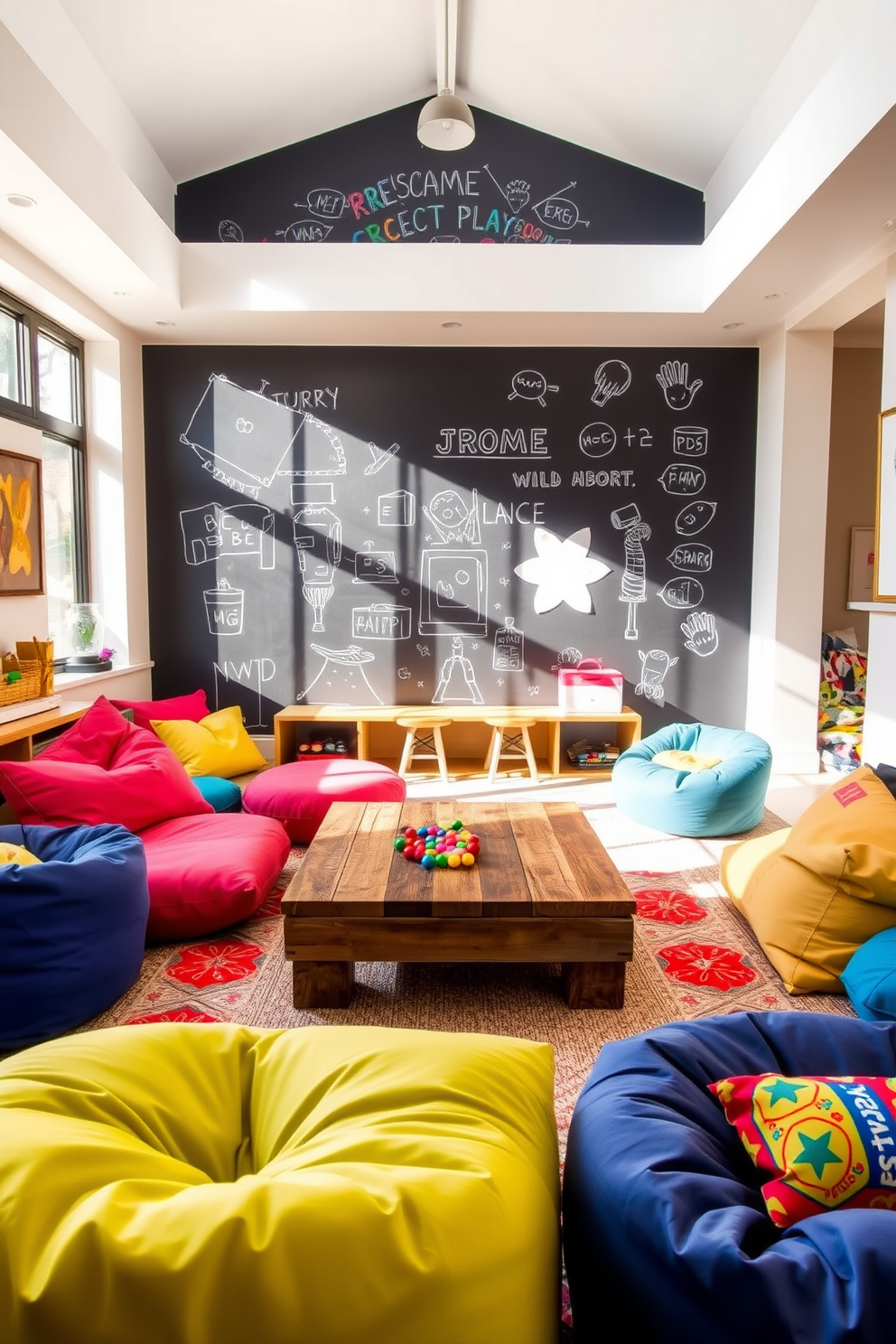 A vibrant living room playroom features an interactive chalkboard wall that encourages creativity and artistic expression. The space is filled with colorful cushions and bean bags, providing a cozy area for relaxation and play. Natural light floods the room through large windows, illuminating the playful decor and inspiring artwork. A low coffee table made from reclaimed wood serves as a functional centerpiece for games and activities.