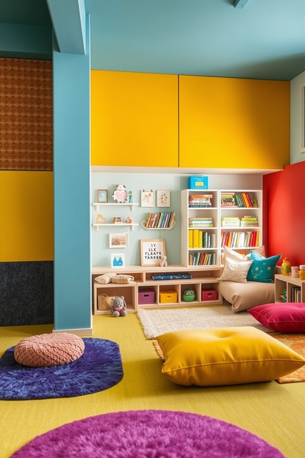 A vibrant sensory play area designed for children features a variety of textures throughout the space. Soft rugs in bright colors cover the floor, while wall panels incorporate different materials like cork, fabric, and rubber for tactile exploration. In the living room playroom design, a cozy reading nook with oversized cushions invites relaxation. Shelves filled with colorful books and toys are easily accessible, encouraging imaginative play and creative storytelling.