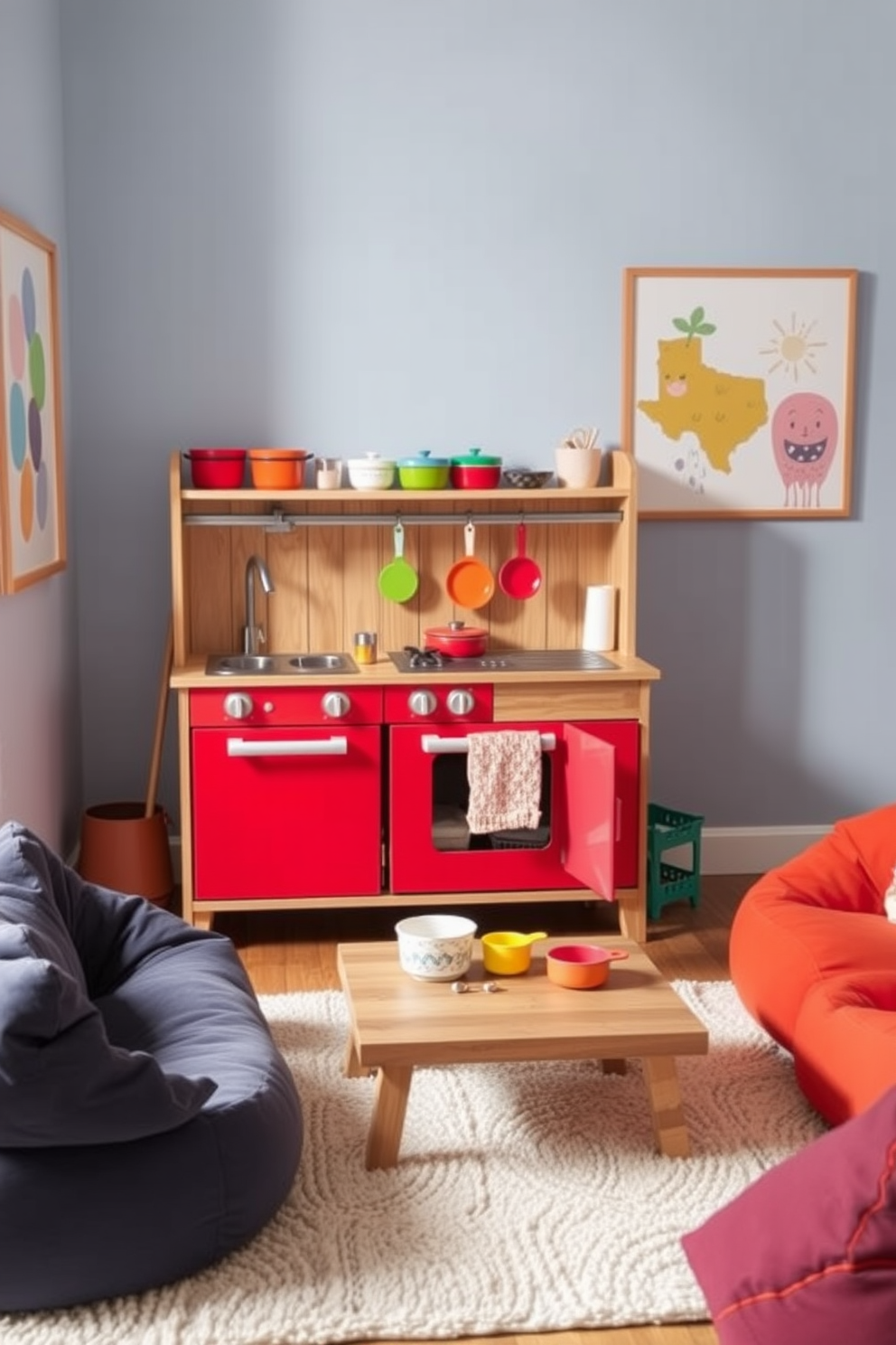 A whimsical play kitchen designed for imaginative cooking fun. It features a bright red stove, a wooden countertop, and colorful cookware that sparks creativity. The living room playroom combines comfort and playfulness. Plush bean bags surround a low coffee table, while vibrant wall art adds a cheerful touch to the space.