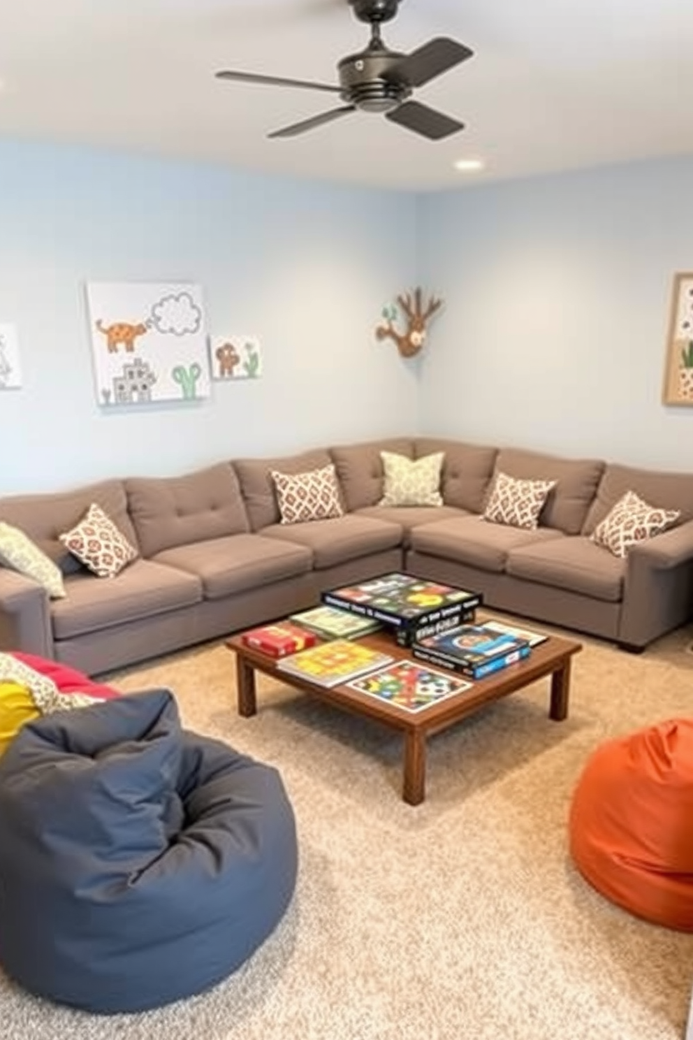 A cozy living room playroom designed for family bonding. The space features a large, plush sectional sofa in a soft gray fabric, surrounded by colorful bean bags for seating. In the center, a large coffee table is covered with board games and puzzles, inviting family interaction. The walls are painted in a cheerful light blue, and whimsical artwork hangs to inspire creativity.