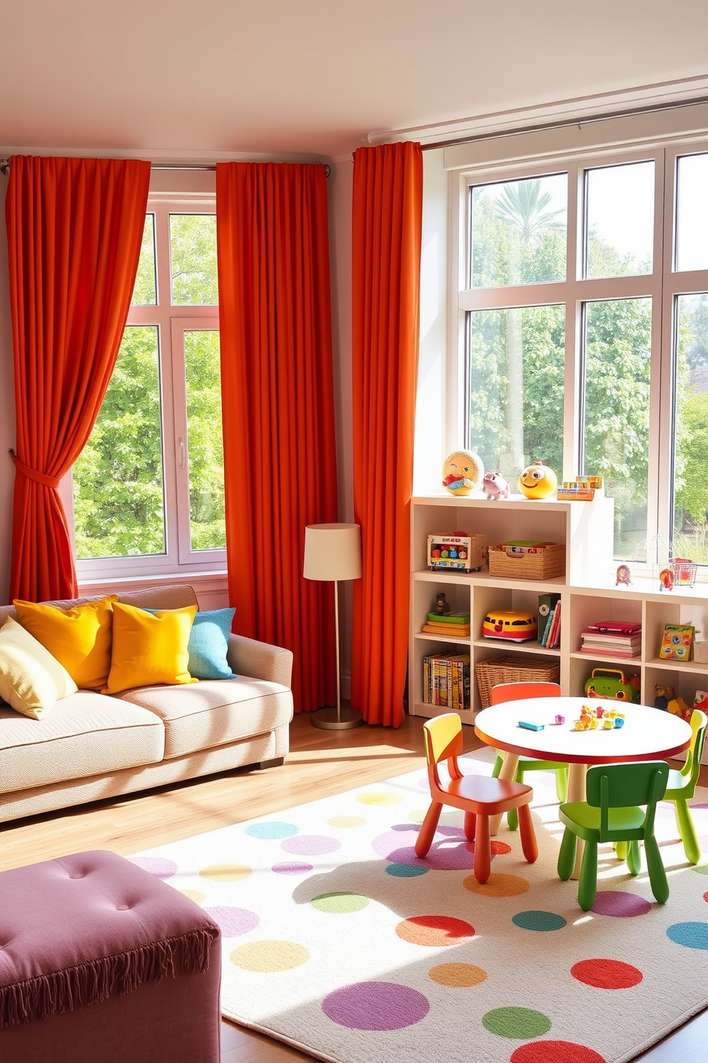 Bright curtains in vibrant colors frame the large windows, allowing natural light to flood the room and create a cheerful atmosphere. The living room features a cozy seating area with a plush sofa and colorful cushions, perfect for relaxation and play. In the playroom, a playful design includes a soft area rug with whimsical patterns and a variety of toys neatly organized on open shelves. A small table with colorful chairs invites creativity and fun, making it an ideal space for children to explore their imagination.