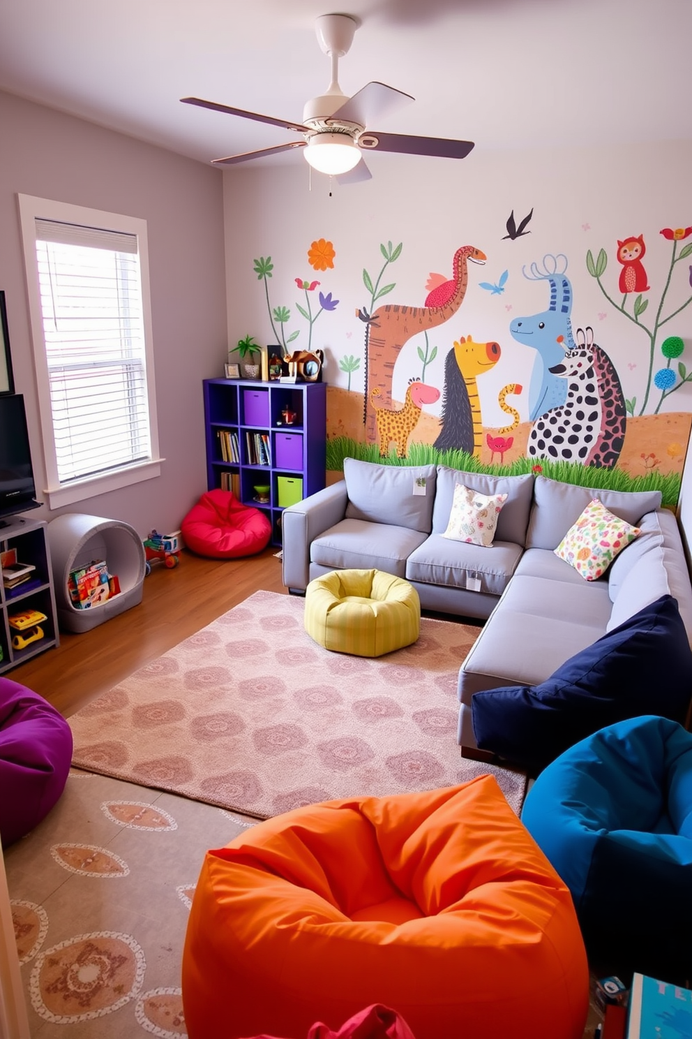 A cozy living room playroom designed for both relaxation and play. The space features a plush sectional sofa in a soft gray fabric, surrounded by colorful bean bags and a large area rug with playful patterns. In one corner, a dedicated pet corner showcases a stylish pet bed that complements the room's decor. Nearby, a small bookshelf holds toys and games, while a vibrant mural of whimsical animals adds a fun touch to the walls.