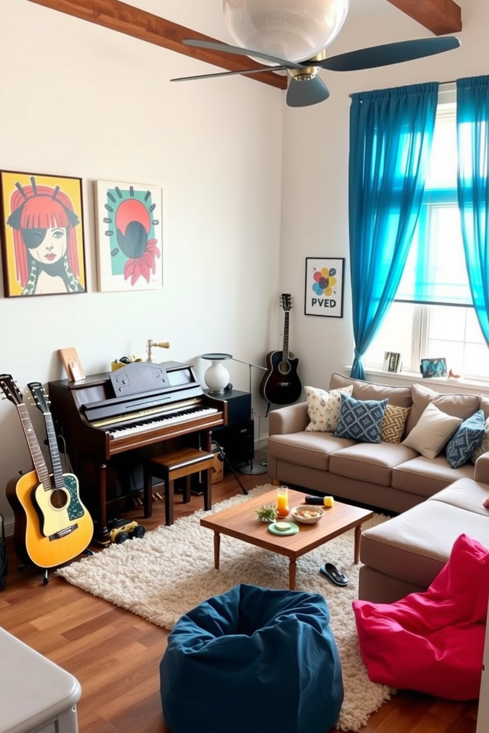 A cozy musical instruments corner designed for creativity. The space features a vintage wooden piano against a wall adorned with colorful artwork, while a plush rug lies beneath a collection of guitars and a set of drums. The living room playroom design combines comfort and fun. A large sectional sofa in soft fabric surrounds a low coffee table, and vibrant bean bags are scattered around, creating an inviting atmosphere for both relaxation and play.