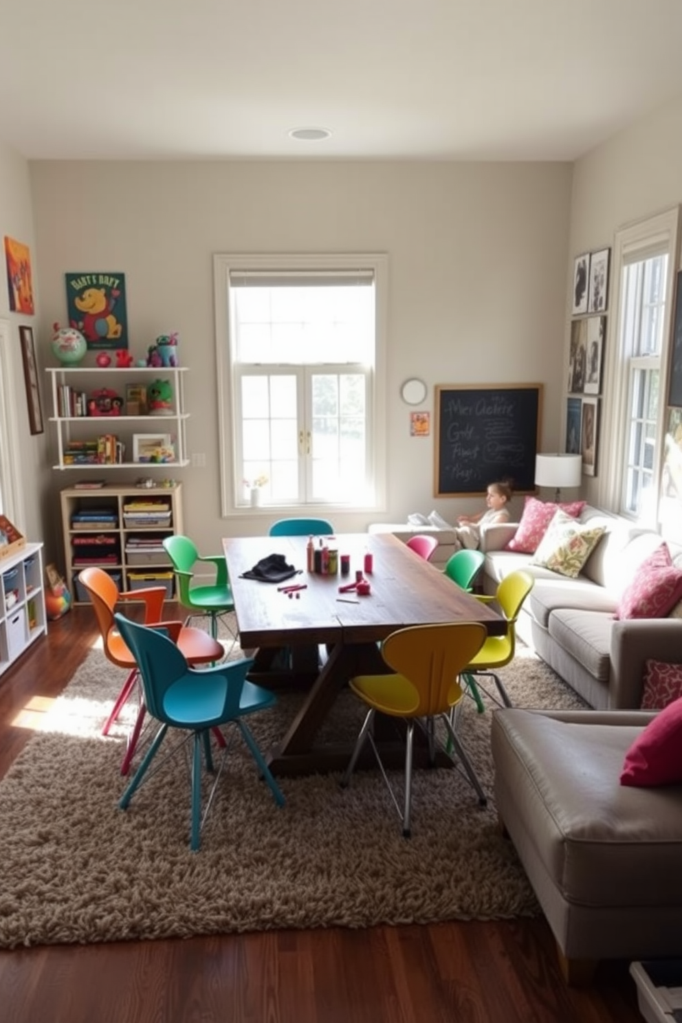 A collaborative craft table for group activities. The table is made of reclaimed wood and surrounded by colorful, ergonomic chairs that encourage creativity and comfort. The walls are adorned with vibrant, inspiring artwork and shelves filled with craft supplies. Natural light floods the space through large windows, creating an inviting and energetic atmosphere. Living room playroom design ideas. The area features a cozy sectional sofa in soft fabrics, paired with playful accent pillows and a large, plush rug that defines the play space. In one corner, a small bookshelf holds a variety of toys and games, while a chalkboard wall invites artistic expression.