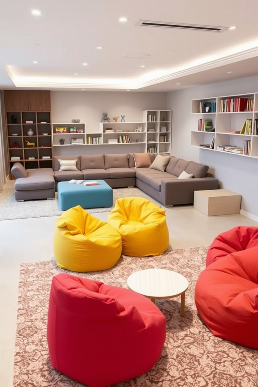 Modular furniture for flexible layouts. The living room features a combination of sectional sofas and ottomans that can be rearranged for various seating configurations. Brightly colored bean bags and low tables create a playful atmosphere in the playroom. Soft rugs provide comfort and safety, while wall-mounted shelves display toys and books for easy access.