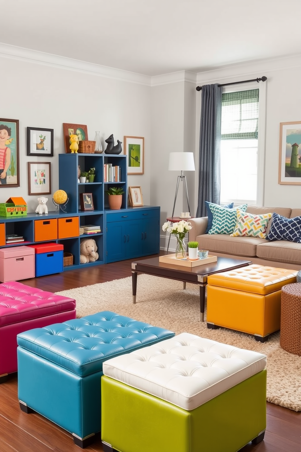 A vibrant playroom featuring colorful storage ottomans that double as seating. The room is filled with playful decor, including wall art and a soft area rug that adds warmth and comfort. In the living room, stylish storage ottomans are arranged around a central coffee table. The ottomans provide additional seating while maintaining a chic and organized space.