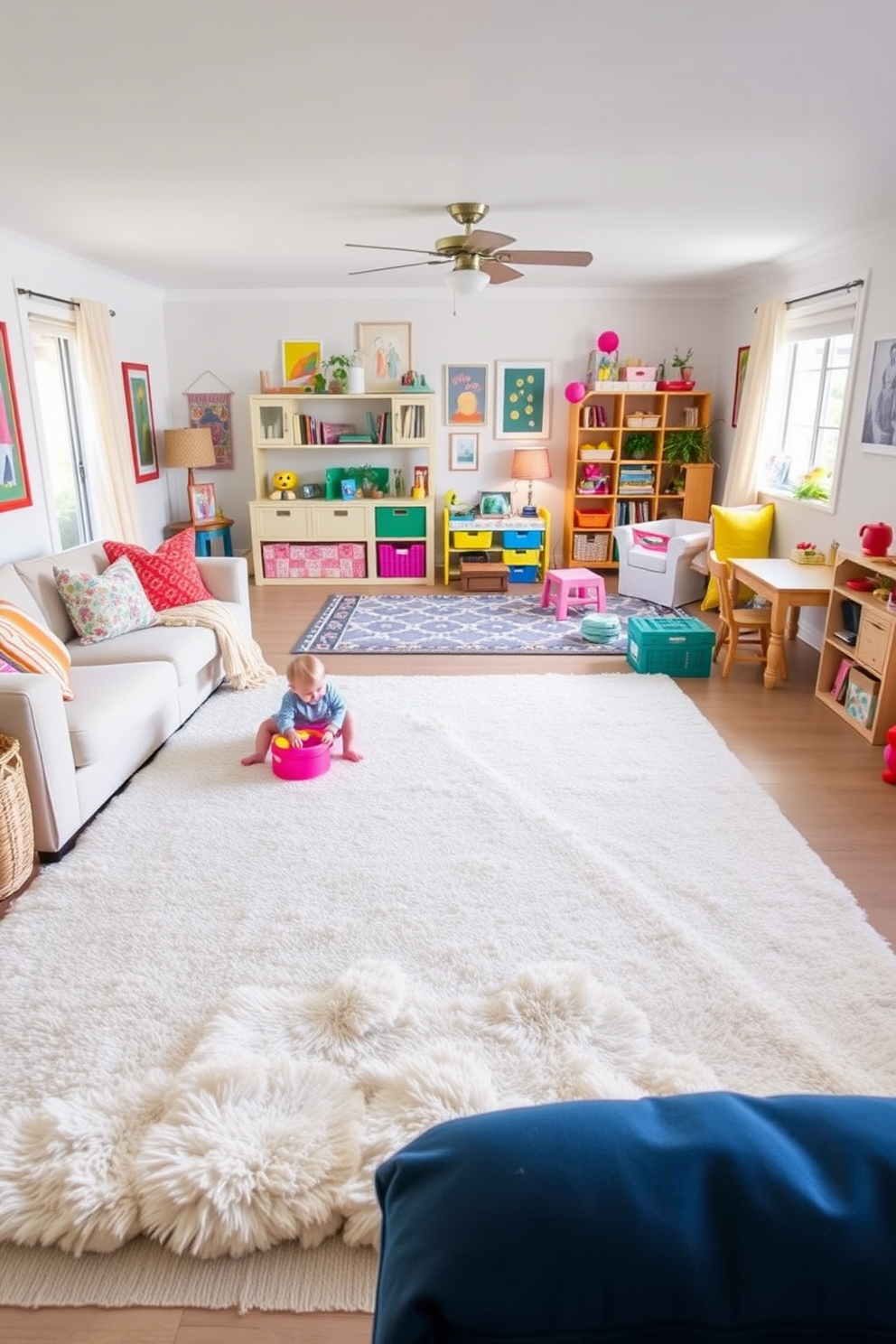 Bright rugs to define play areas. The living room features a cozy seating arrangement with colorful cushions and a large bright rug that delineates the play area for children. The playroom is filled with vibrant decor and playful furniture. A soft, oversized rug anchors the space, providing a comfortable surface for playtime activities.