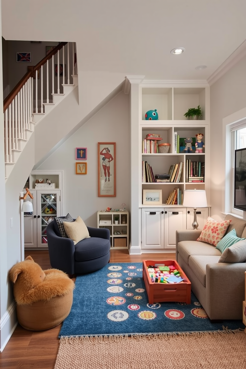 Under-stair playhouse designed as a cozy retreat for children. The playhouse features a small door, colorful wall decor, and built-in shelves filled with toys and books. Living room playroom design combines comfort and creativity. Plush seating options surround a vibrant play area with soft rugs, art supplies, and interactive games for all ages.